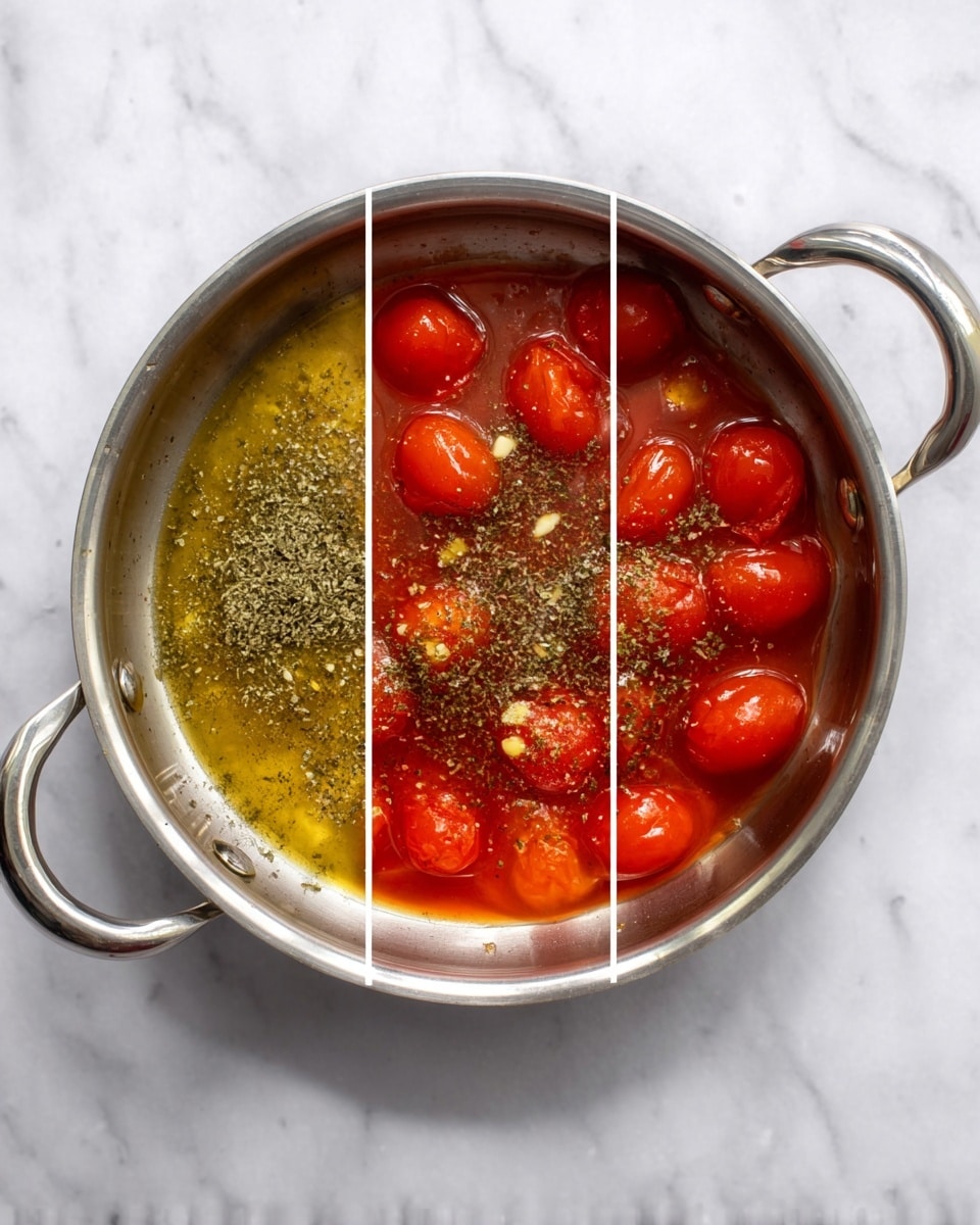 A silver pan with two handles sits on a white marbled surface. In the first layer, the pan contains a thin shiny layer of oil with small bits of light yellow garlic scattered and gently sizzling. The second layer shows the same pan filled with whole red tomatoes submerged in a thin red tomato liquid that almost covers them, with the tomatoes' skins slightly wrinkled. The third layer builds on this by adding a sprinkle of green dried herbs spread on top of the tomatoes and liquid, creating a contrast in color and texture. Photo taken with an iphone --ar 4:5 --v 7