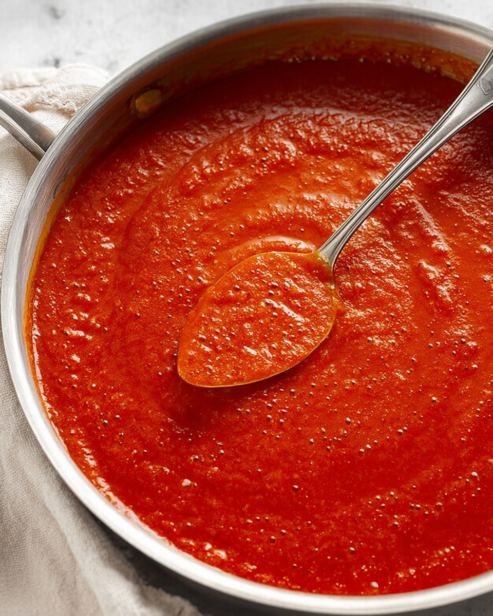 A close-up view of a large silver pot filled with bright red, thick tomato sauce that has a smooth, slightly chunky texture with tiny bubbles on the surface. A silver spoon rests inside the sauce, slightly lifting a portion of the sauce, showing its dense and rich consistency. The pot sits on a soft fabric, with a white marbled texture visible in the background. photo taken with an iphone --ar 4:5 --v 7