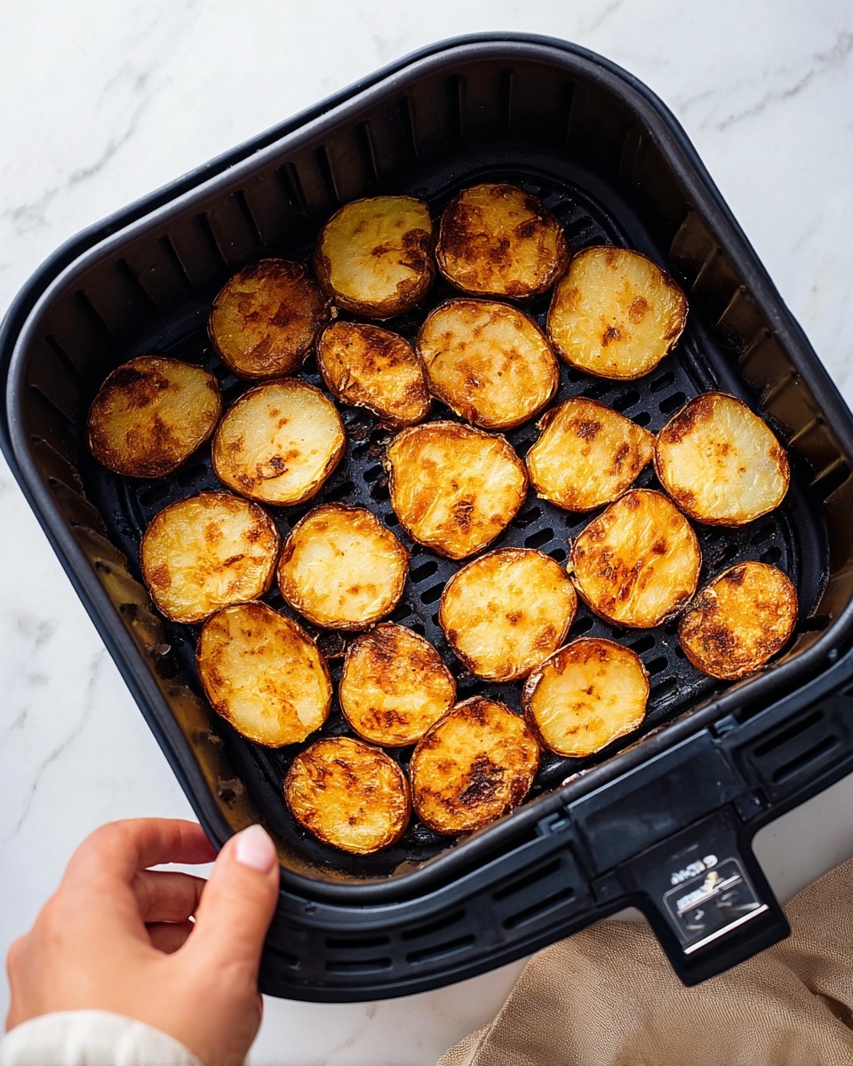 The image shows a black air fryer basket filled with golden brown, round potato slices cooked to a crispy texture with some darker browned spots on top. The basket has a grid pattern and is held by a woman's hand on the left side. The background is a white marbled surface with a beige cloth partially visible on the bottom right. The photo is well lit, showing the crispy texture and warm colors of the potato slices. photo taken with an iphone --ar 4:5 --v 7