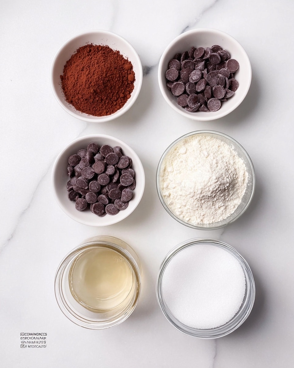 The image shows six small white bowls placed on a white marbled surface. The top row has three bowls: the left bowl holds reddish-brown cocoa powder with a fine, powdery texture; the middle bowl contains dark brown round chocolate chips with a smooth surface; the right bowl is filled with white flour, soft and powdery. On the bottom row are three glass jars: the left jar holds a clear, thick liquid; the middle jar contains a light brown syrupy liquid; the right jar is filled with a white creamy liquid. Next to the jars, on the far right, is another white bowl filled with fine white sugar. All items are neat and evenly spaced. photo taken with an iphone --ar 4:5 --v 7