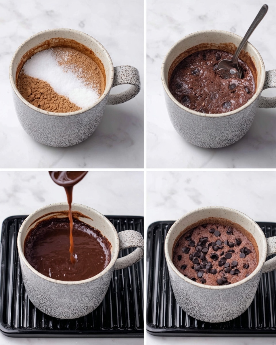 The image shows six steps of making a chocolate mug cake in a white mug with a speckled gray pattern, placed on a white marbled surface. The first frame has dry ingredients like sugar and cocoa powder layered at the bottom of the mug, white and brown in color. The second frame shows a spoon mixing the dry ingredients, creating a grainy light brown textured mix. The third frame shows a smooth liquid chocolate batter filling the mug, dark brown with a shiny surface. The fourth frame reveals chocolate chips scattered on top of the batter. The fifth frame displays the mug from above, placed on a black grill surface with the chocolate chips visible in the thick batter. The sixth frame shows the finished cake, risen and cracked with a burl-like texture, still in the white mug on the same black grill surface. Photo taken with an iphone --ar 4:5 --v 7