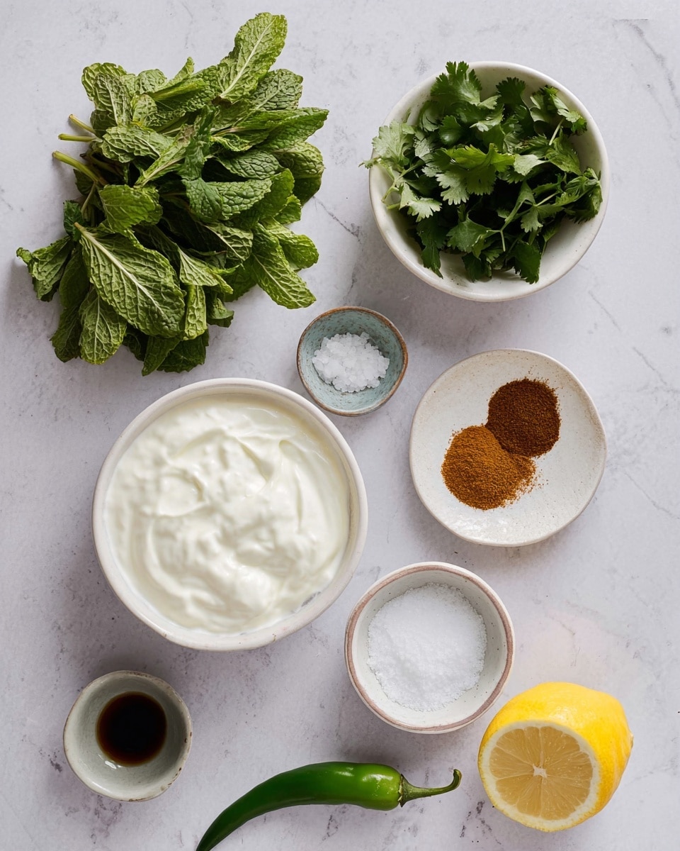 A top view of several small white bowls and dishes arranged on a white marbled surface. The largest bowl holds a thick white creamy substance with a smooth texture. Near it, two white bowls contain fresh green herbs; one with bright green mint leaves and the other with flat, darker green cilantro leaves. There is a small white dish with coarse salt crystals and another plate with two types of brown powdered spices side by side. A half lemon with a bright yellow color and a single long green chili pepper lie near the bottom. A tiny round dish with a dark liquid is also visible. The overall scene is bright and clean, showing fresh ingredients for cooking photo taken with an iphone --ar 4:5 --v 7