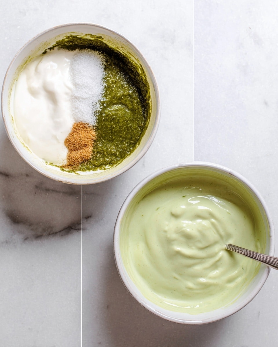 The image shows two white bowls on a white marbled surface. The left bowl has four layers: a thick white creamy sauce on the right, a deep green sauce on the left, white granulated sugar in the center, and a small portion of brown powder spice on the bottom right. The right bowl holds a smooth light green sauce with a pale silver spoon resting inside it. The sauces in the right bowl appear well-mixed with a creamy texture. photo taken with an iphone --ar 4:5 --v 7