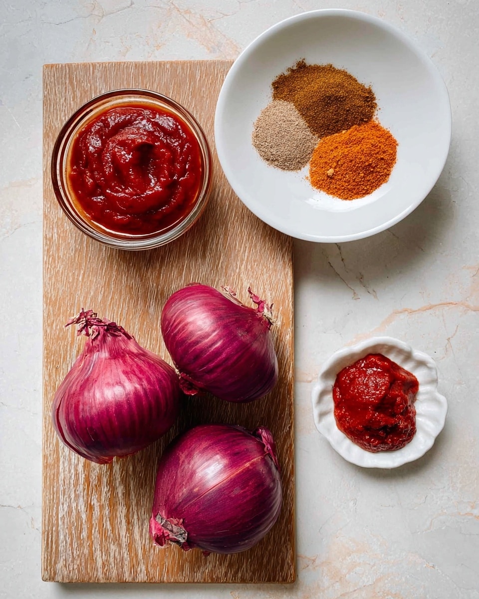 The image shows two purple onions placed on a wooden cutting board in the bottom half of the frame. Above the onions, there is a small glass bowl filled with shiny red tomato paste. On the white marbled surface above the cutting board, there is a white bowl with three separate piles of spices: one brown, one light brown, and one bright orange. To the right of the cutting board, a small white dish holds a dollop of thick red paste, slightly textured and glossy. The overall setting is clean and bright, with the colorful ingredients standing out against the white marbled background. photo taken with an iphone --ar 4:5 --v 7