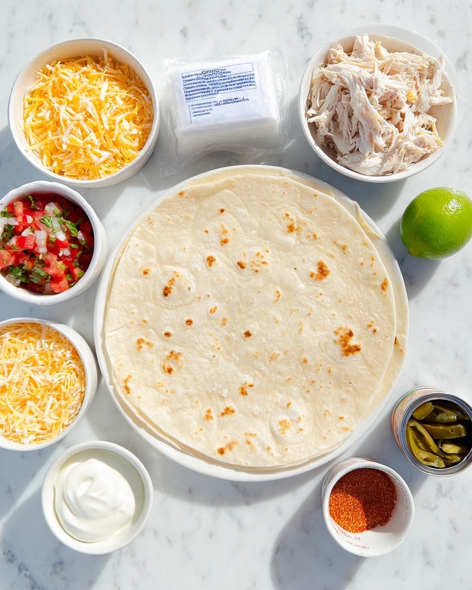 A white plate holds one large, round, pale beige tortilla with small brown spots scattered across its surface, positioned on a white marbled texture. Around the tortilla are seven ingredients: a block of white cheese wrapped in white paper with blue text at the top center; shredded white chicken in a white bowl to the right of the cheese; a white bowl of chopped red tomatoes, green herbs, and onions below the chicken bowl; a white bowl of smooth, white sour cream below the tomato bowl; a bright green whole lime near the sour cream; a white bowl filled with shredded yellow and white cheese near the bottom left; a small white bowl with reddish-orange seasoning powder to the right of the shredded cheese; and an open can of green chili pieces at the bottom right. The scene is brightly lit with natural light, arranged neatly with clear visibility of each ingredient. photo taken with an iphone --ar 4:5 --v 7