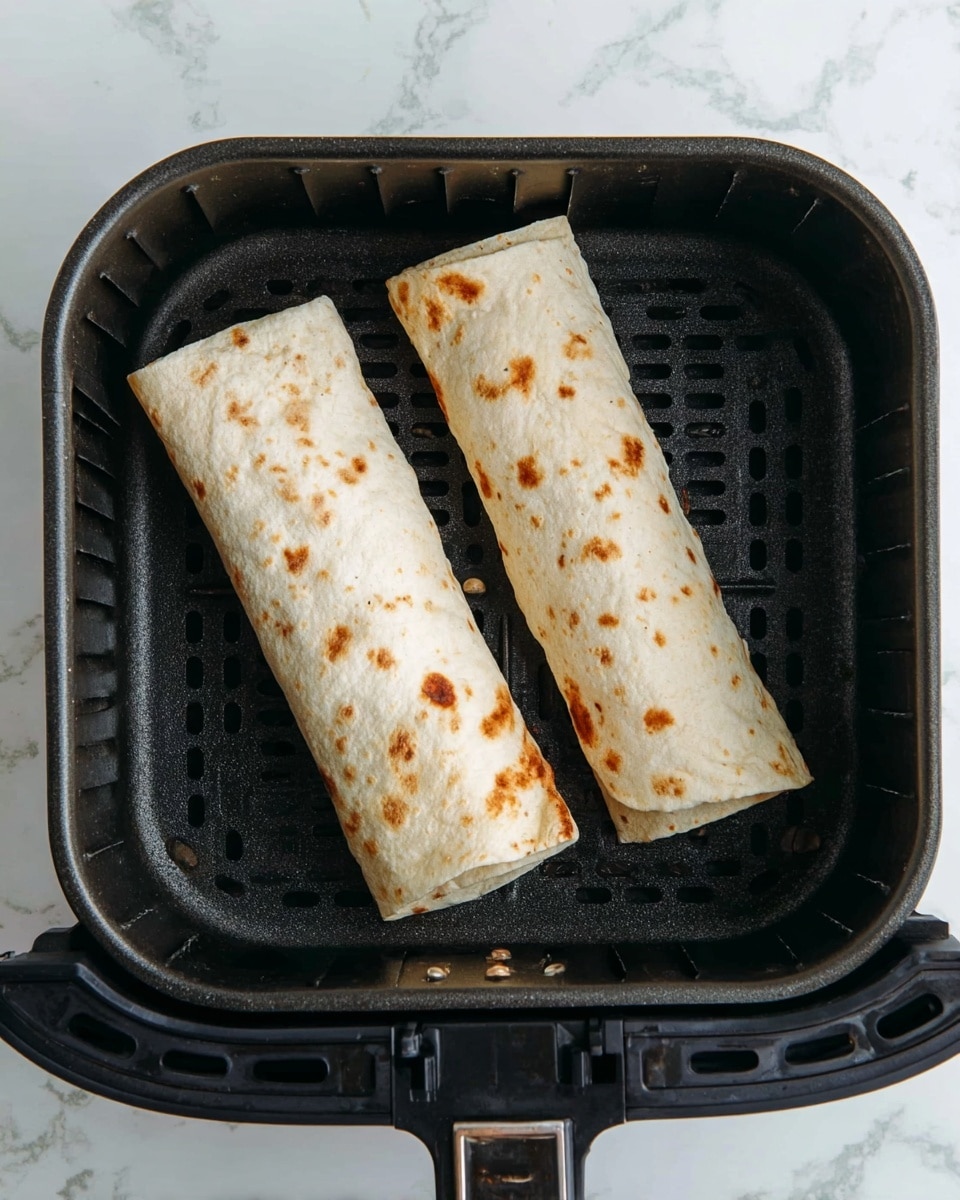Two rolled soft tortillas with light brown spots are placed side by side inside a black air fryer basket featuring a grid pattern and small holes, which is set against a white marbled surface. photo taken with an iphone --ar 4:5 --v 7