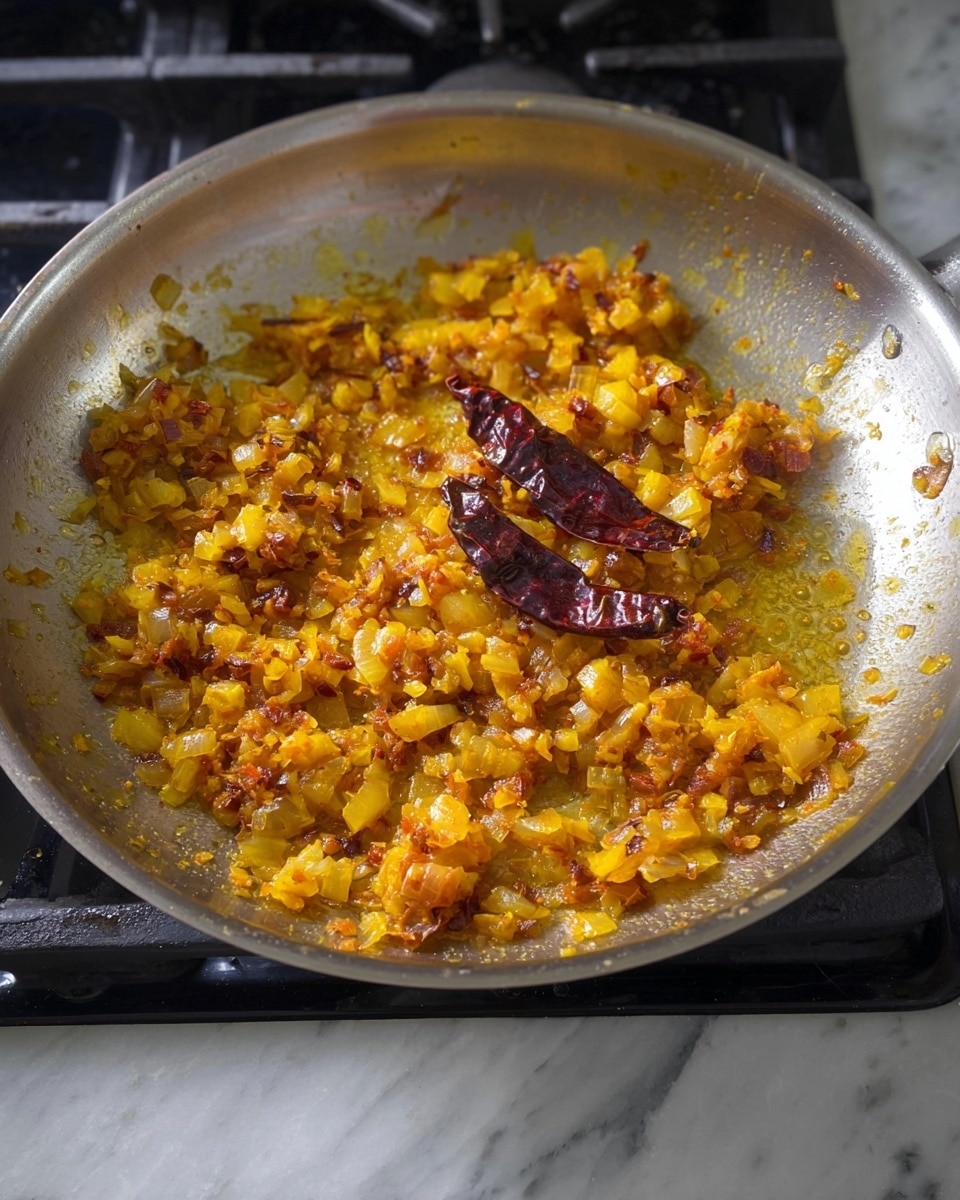 A close-up view of a silver frying pan on a black stove top, filled with a single layer of cooked diced onions and tomatoes mixed with yellow and orange spices, giving a warm golden color. In the mixture are two dark red dried chili peppers lying on top near the edge of the pan. The pan has a shiny surface with some oil glistening around the food. The background and surface around the stove are a white marbled texture. Photo taken with an iphone --ar 4:5 --v 7