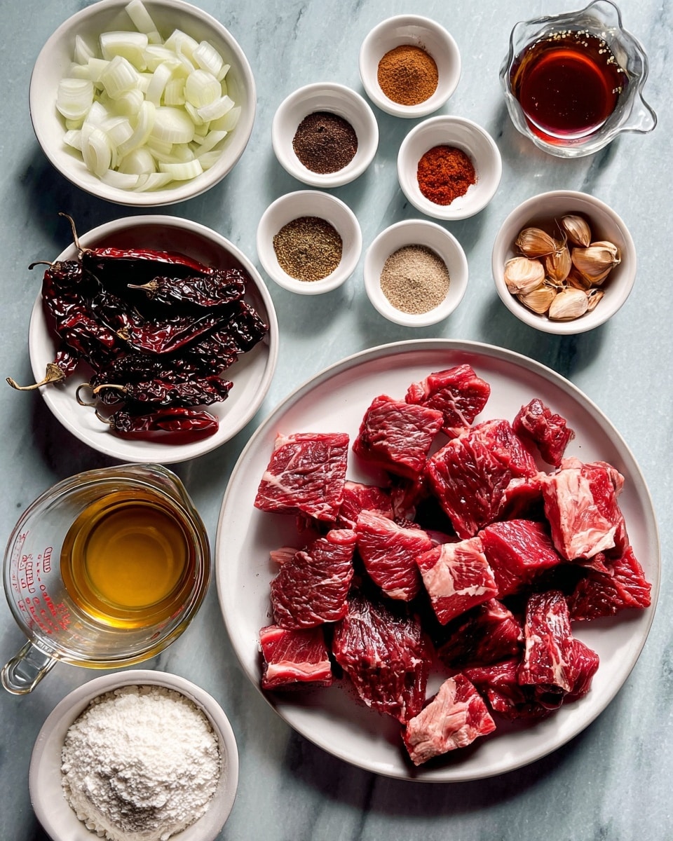 The image shows a white round plate filled with large cubes of raw red meat with white fat marbling, placed near the center. Above it is another white round plate holding different dried chili peppers in dark red and deep charcoal colors, along with small red chili pieces. Surrounding these plates are small bowls containing white granulated salt, ground spices in shades of brown and green, clear light yellow oil, peeled garlic cloves, white flour, and chopped white onion pieces in another white bowl with green stripes on the rim. A clear glass measuring cup filled with dark brown liquid is placed to the bottom right. All items rest on a white marbled textured surface. photo taken with an iphone --ar 4:5 --v 7