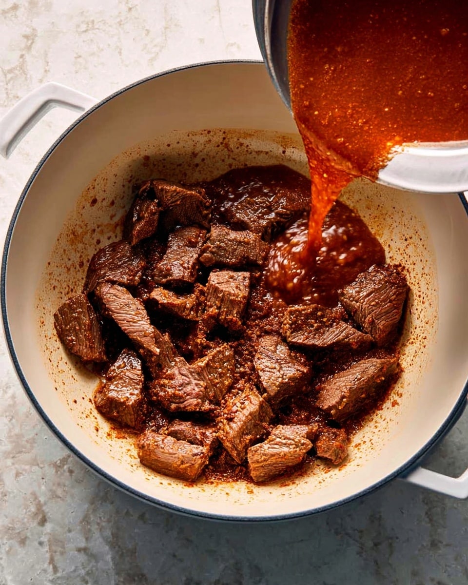 A white pot filled with many pieces of cooked beef chunks that are dark brown with a crispy texture on the edges, surrounding a center layer of thick reddish-brown sauce with a slightly rough texture. In the lower right corner, a woman's hand holds a clear container pouring more of the same sauce into the pot. The pot rests on a white marbled surface. photo taken with an iphone --ar 4:5 --v 7