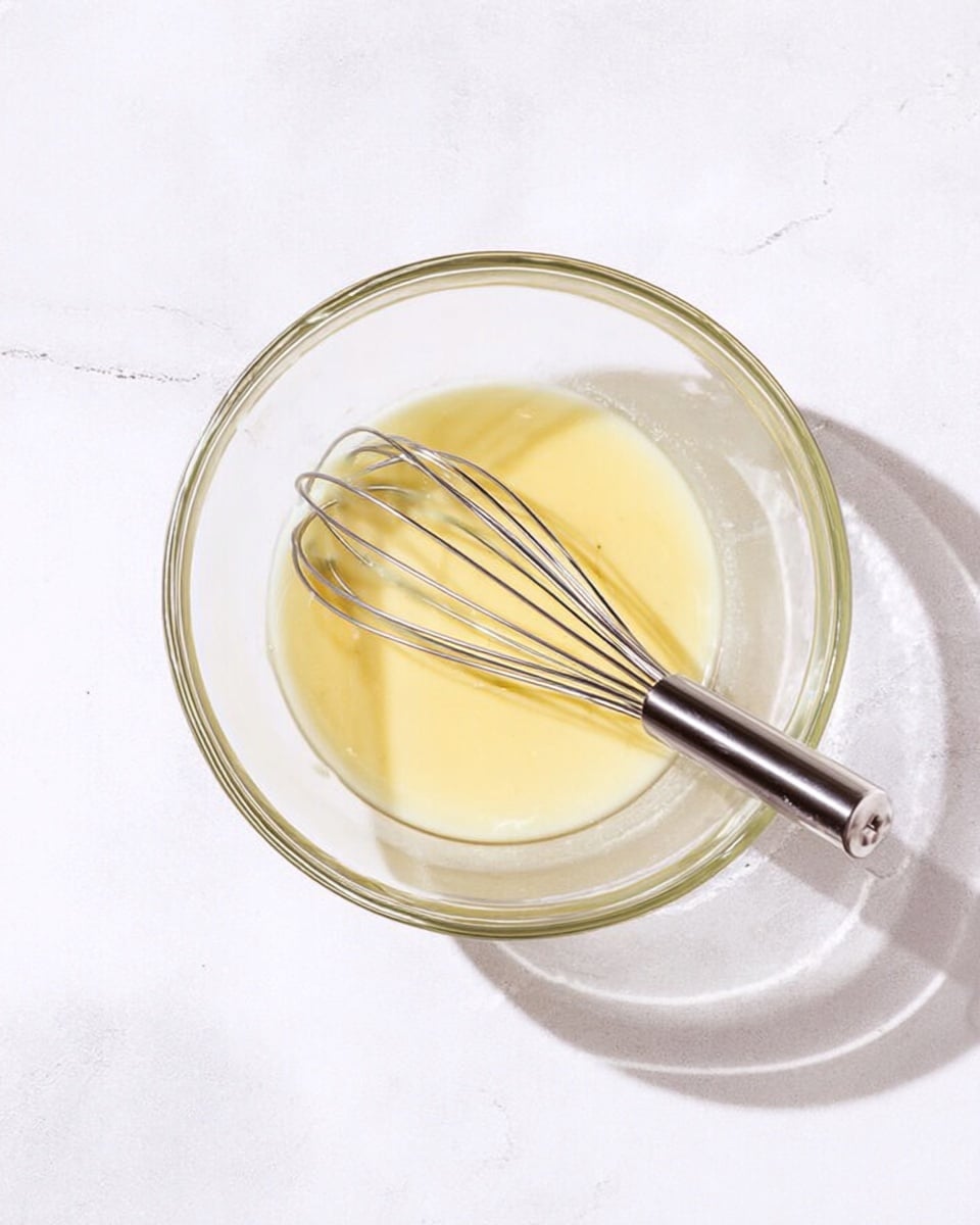 A clear glass bowl contains a smooth, light yellow mixture with a slightly thick texture. Inside the bowl is a silver metal whisk with a shiny handle resting on the mixture. The bowl is placed on a white marbled surface that shows soft grey veins. The image is bright and clean, taken from above, focusing on the bowl and whisk. photo taken with an iphone --ar 4:5 --v 7
