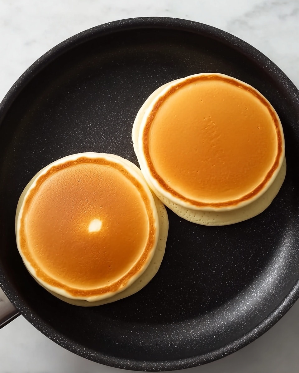 The image shows two round pancakes cooking in a black skillet. Each pancake has a smooth, golden-brown top with a light shiny spot, and the sides are thick and fluffy with a pale cream color. The skillet has a matte texture with small specks, and the pancakes are centered, sitting side by side on the flat black surface. The background is a white marbled texture. photo taken with an iphone --ar 4:5 --v 7