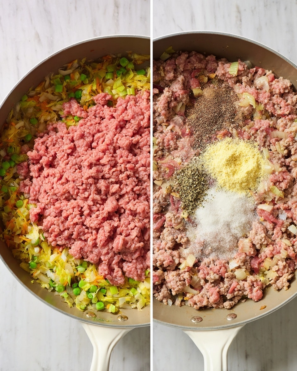The image shows two side-by-side views of a round skillet with a white handle, placed on a white marbled surface. In the first view, the skillet contains a bed of finely chopped yellow and green vegetables at the bottom, with raw pink ground meat neatly layered on top, covering most of the vegetables but leaving some visible around the edges. In the second view, the ingredients have been cooked and mixed, turning the meat a light brown color while the vegetables remain visible. Seasonings such as white granules, dark brown powder, leaning towards beige flakes, and a small pile of light yellow minced garlic sit on the surface in the center, unmixed. The skillet’s interior shows a textured cooked mixture with no raw parts. Photo taken with an iphone --ar 4:5 --v 7