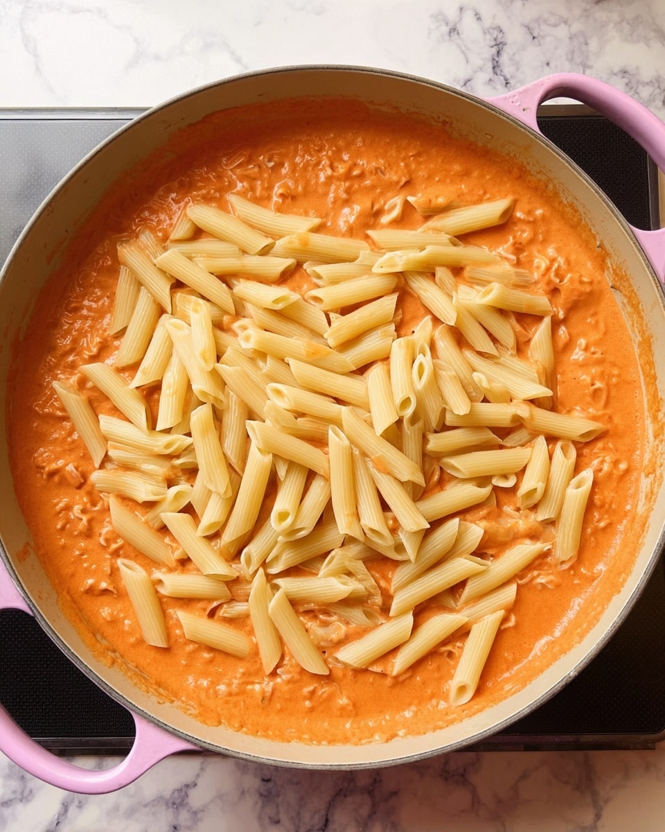 A light pink pan holds two main layers of food. The bottom layer is a thick, creamy orange-red sauce that fills the base of the pan and has a slightly chunky texture. On top of this sauce is a single layer of plain cooked penne pasta, pale yellow in color, scattered evenly across the sauce. The pan sits on a black stovetop, but the background has a white marbled texture. photo taken with an iphone --ar 4:5 --v 7