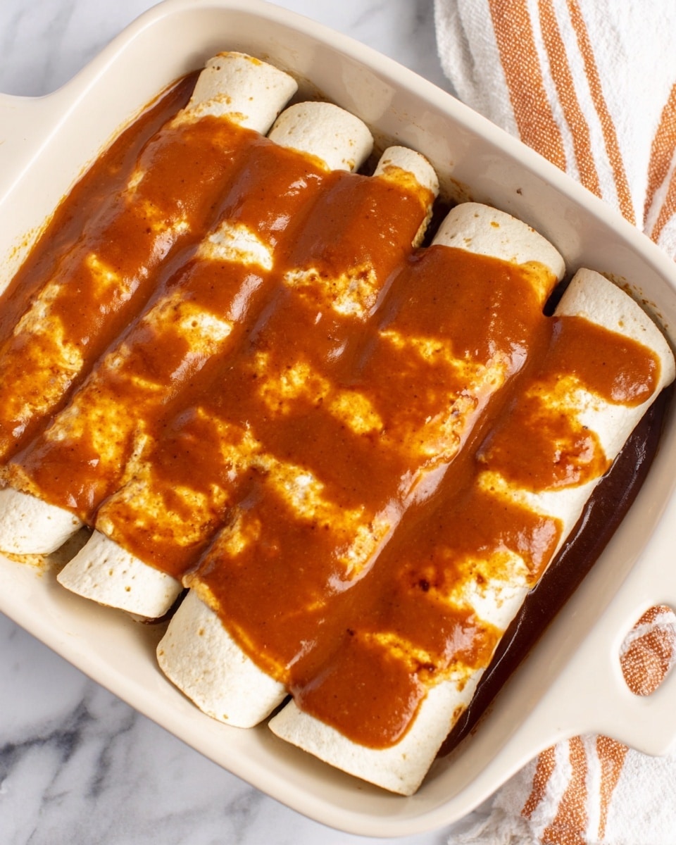 A white dish filled with six rolled white tortillas lined up next to each other and covered evenly with a thick reddish-brown sauce that has a smooth texture. The dish sits on a white marbled surface with a striped cloth partially visible on the side. The sauce lightly drips between the tortillas creating a rich layered look. Photo taken with an iphone --ar 4:5 --v 7