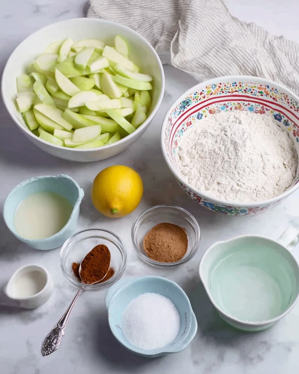 The image shows an array of baking ingredients neatly arranged on a white marbled surface. Starting from the left, there is a white bowl filled with peeled and sliced green apple pieces, next to a large white bowl with colorful patterns on the outside, filled with flour. In front of these, a metal spoon holds a small amount of ground cinnamon, placed beside a small glass bowl of flour. To the right, there is a halved lemon, a small glass bowl with brown cinnamon powder, a small white bowl of salt, a pale blue bowl filled with granulated white sugar, a light gray bowl containing a clear liquid (likely oil), and a small white measuring cup with milk. A light gray striped cloth is partially visible in the background. photo taken with an iphone --ar 4:5 --v 7