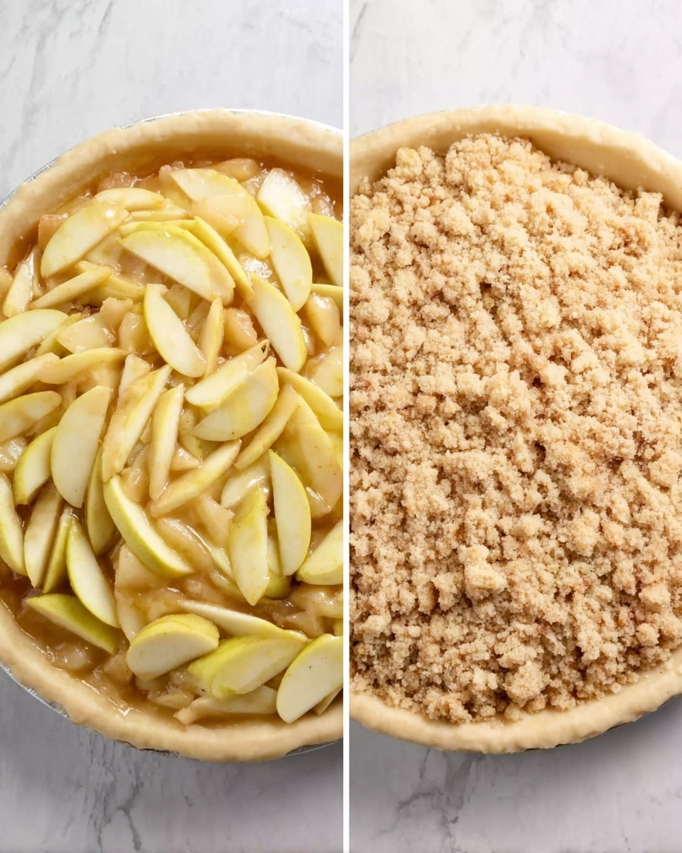 The image shows two side-by-side round pie dishes on a white marbled surface. The left dish has a single layer of light yellow apple slices arranged closely in a circular pattern on a golden brown pie crust, with a shiny glaze over the apples. The right dish shows the same apple layer underneath a thick, crumbly topping made of pale tan crumbs covering the entire surface, creating a rough texture. photo taken with an iphone --ar 4:5 --v 7