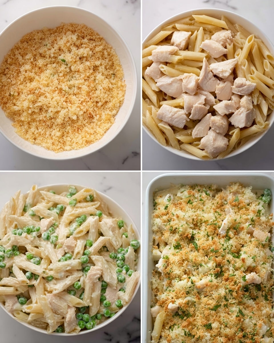 The image shows a step-by-step cooking process with four sections. The first section displays a close-up of golden breadcrumb crumbs in a white bowl on a white marbled surface. The second section features cooked penne pasta topped with chunks of cooked light beige chicken pieces in a white bowl. The third section shows the pasta mixed with a creamy white sauce and green peas evenly spread throughout, with some pieces of chicken visible. The last section presents the final dish in a white baking dish, where the pasta mixture is topped with a layer of golden breadcrumbs sprinkled with small green herb bits, ready to be baked. photo taken with an iphone --ar 4:5 --v 7