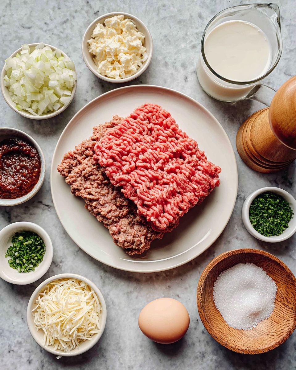 A white plate in the center holds two rectangular layers of raw ground meat, one red and one brown, showing different textures. Surrounding the plate are small white bowls with various ingredients: finely chopped onions, garlic, green herbs, shredded white cheese, an egg, a dark sauce, and a red paste. There is also a glass cup with milk, a wooden pepper grinder, and a small wooden bowl filled with salt. All items are arranged on a white marbled surface. photo taken with an iphone --ar 4:5 --v 7