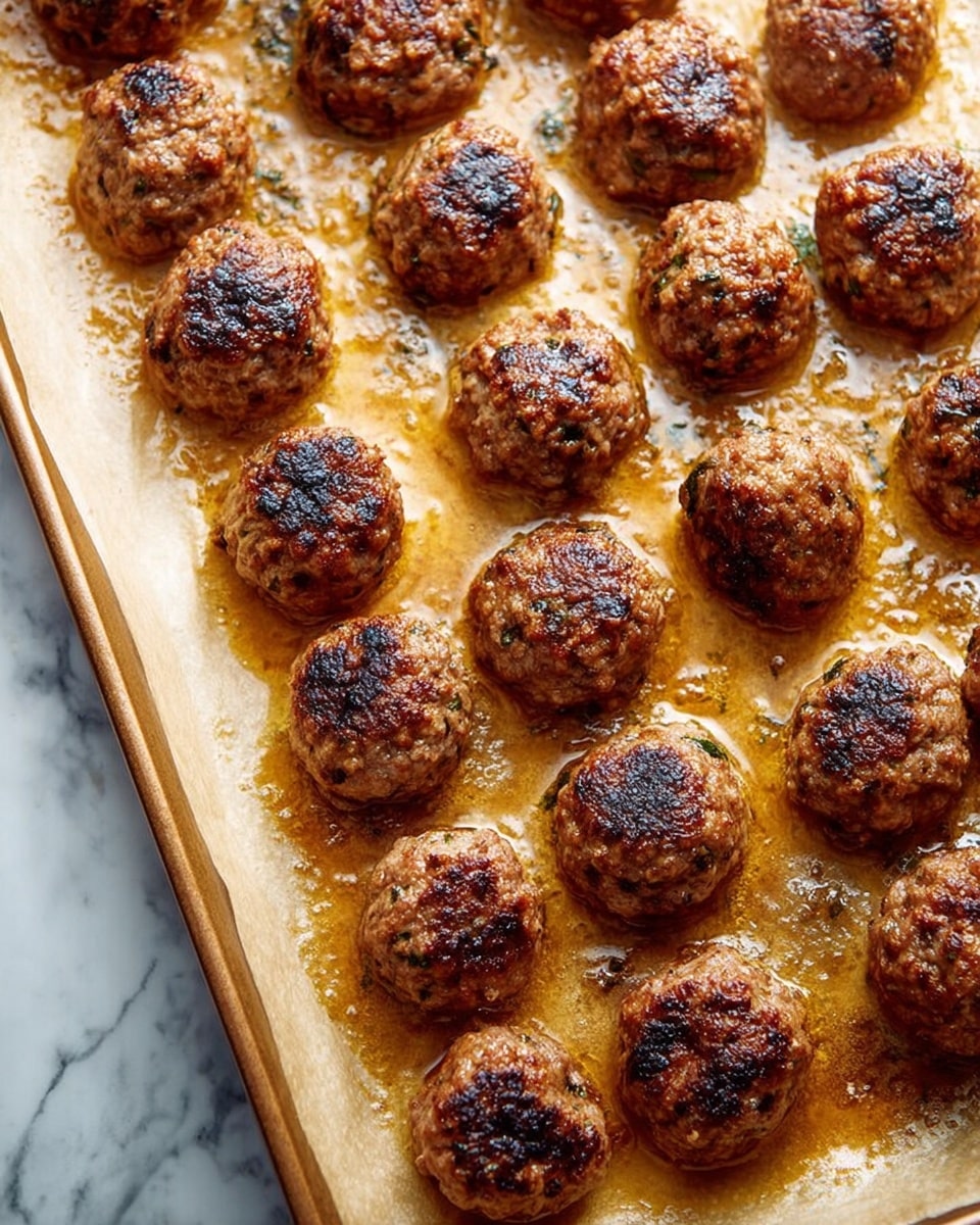 A tray lined with parchment paper holds around twenty cooked meatballs, each roughly round and browned with some darker charred spots on top. The meatballs have a coarse texture with visible bits of herbs and ingredients mixed in. The baking tray is filled partially with a layer of golden brown cooking juices that surround the meatballs, giving a glossy shine to the surface. The background shows a subtle white marbled texture. photo taken with an iphone --ar 4:5 --v 7