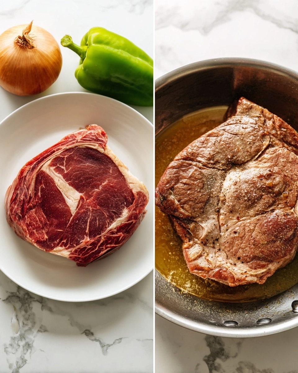 The image shows two side-by-side photos on a white marbled surface. On the left, a white plate holds a single raw steak with deep red color and white marbling of fat visible throughout the meat. There are an onion and green bell pepper placed nearby on the marble surface. On the right, a metal pan contains the same steak now cooked with a brownish color, showing a slightly crispy texture on top and some juice pooling around the steak. The pan is shiny and round, emphasizing the cooked texture of the meat inside. Photo taken with an iphone --ar 4:5 --v 7
