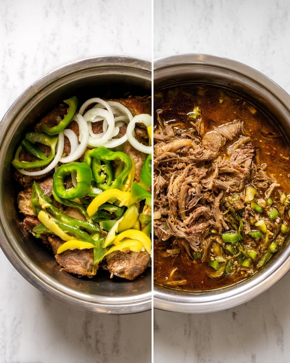 The image shows two metal pots placed side by side on a white marbled surface. The left pot contains raw meat topped with green chili peppers, yellow peppers, and sliced white onion rings, creating a mix of brown, green, yellow, and white colors in a layered arrangement. The right pot holds cooked, shredded brown meat in a rich brown liquid with small pieces of green vegetables mixed in, giving a textured and tender appearance to the dish. The metal pots have a shiny finish that contrasts with the food inside. Photo taken with an iphone --ar 4:5 --v 7