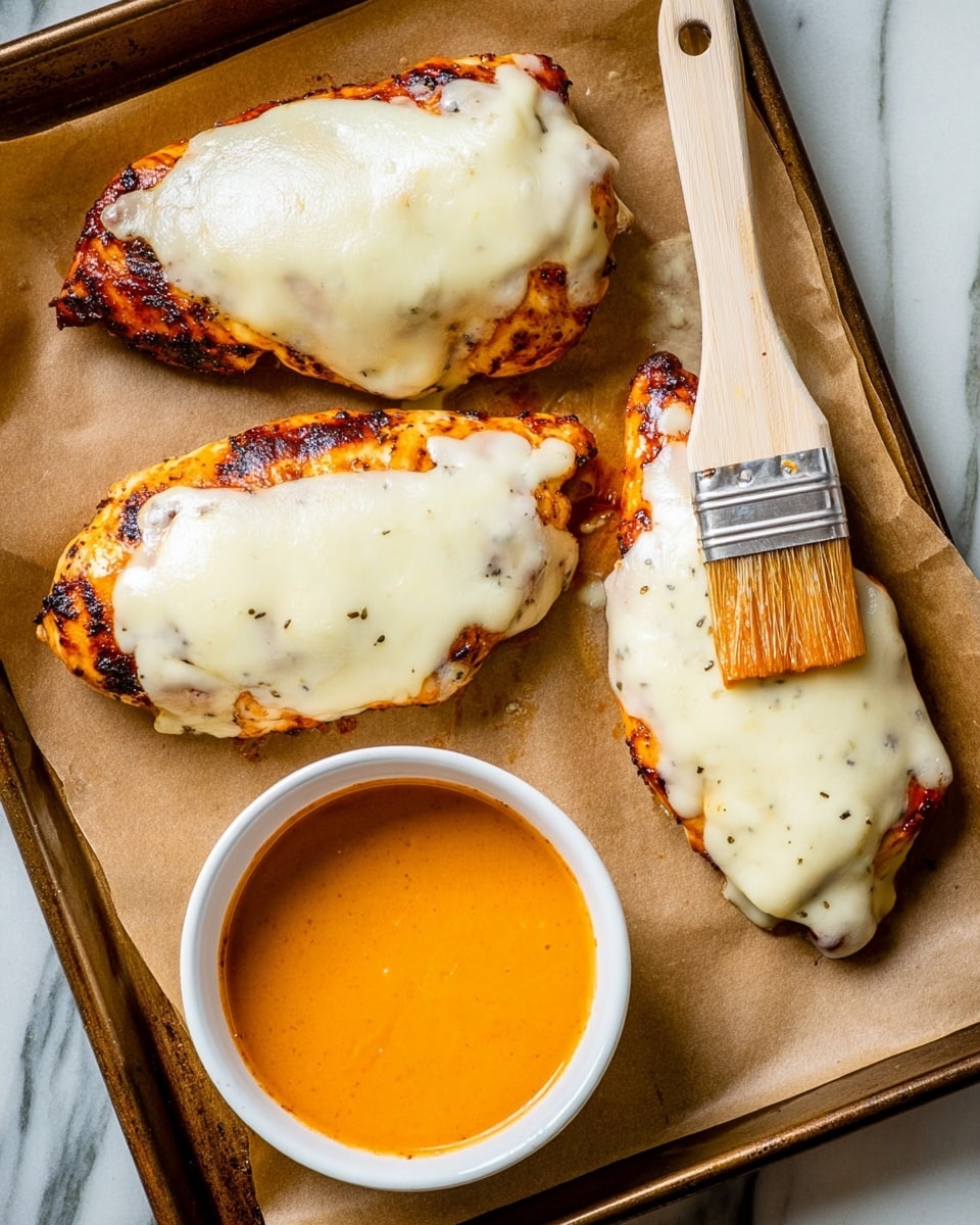 The image shows three pieces of grilled chicken on a baking tray lined with brown paper. Each piece of chicken is covered with a smooth layer of melted white cheese that has slight specks of seasoning. The chicken underneath has a golden-orange color with some darker char marks. Next to the chicken, there is a small white bowl filled with bright orange sauce, and a brush with some sauce on its bristles rests inside the bowl. The scene is set on a white marbled surface. Photo taken with an iphone --ar 4:5 --v 7