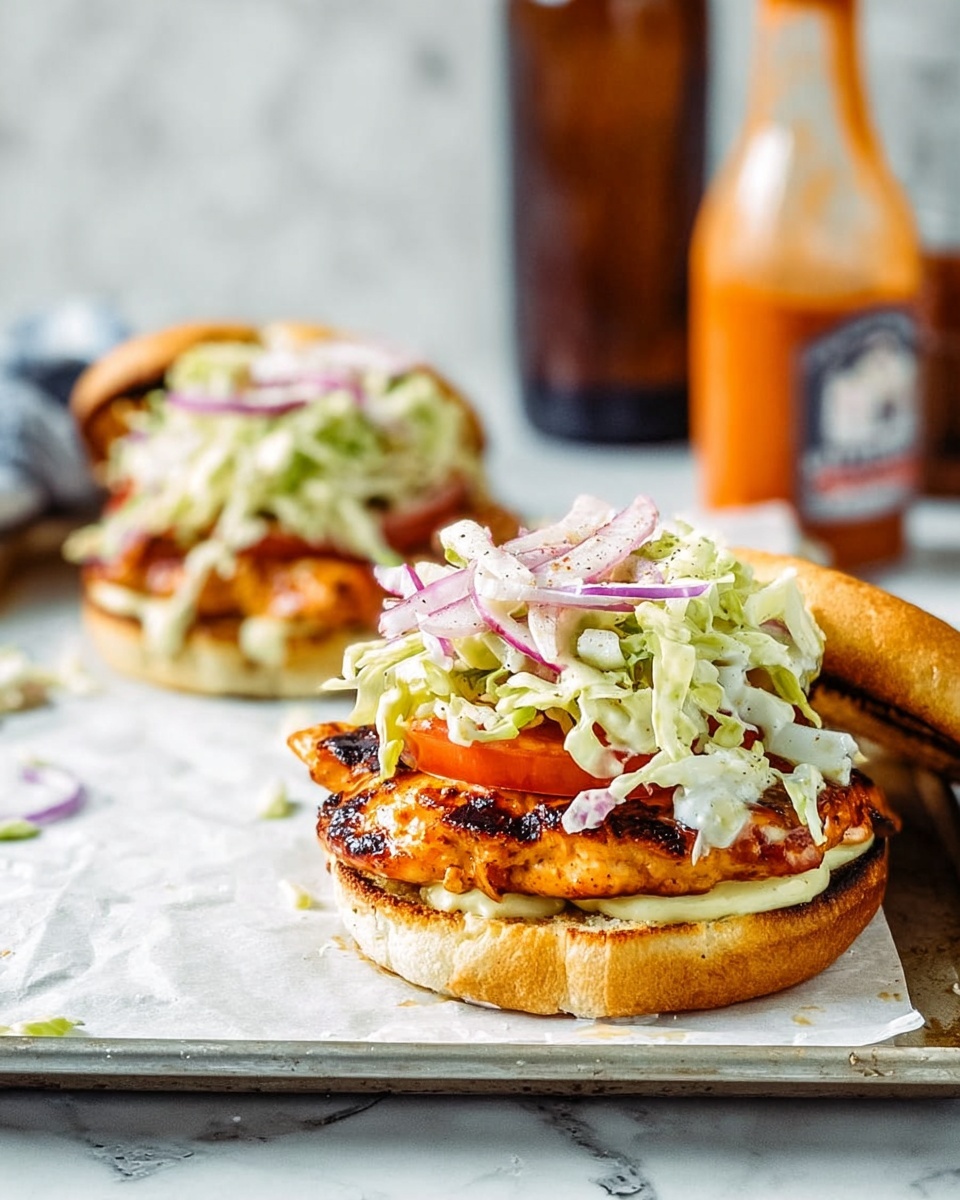 Two open chicken sandwiches sit on white parchment on a metal tray over a white marbled surface. Each sandwich has a white toasted bun base, topped with a layer of light yellow mayo, then a slice of red tomato, followed by a grilled orange chicken filet with melted white cheese on top. On the chicken rests a pile of light green shredded cabbage salad mixed with thin strips of purple onion. The white toasted top bun is placed beside the closest sandwich. In the blurred background stands a dark brown bottle and an orange sauce bottle. Photo taken with an iphone --ar 4:5 --v 7