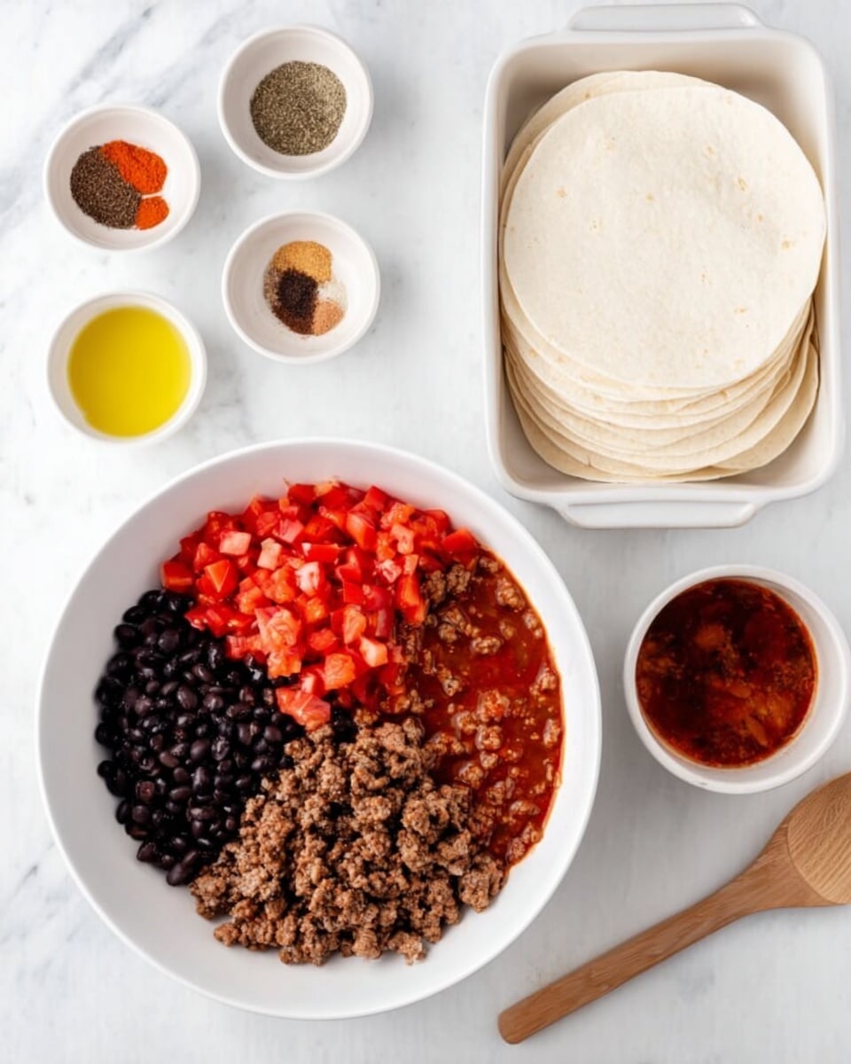 The image shows a white bowl with four main layers of ingredients side by side: bright red diced tomatoes, black beans, ground meat mixed with spices, and a dark red sauce, all arranged neatly in separate sections. Above the bowl, there are four smaller white bowls with different spices and a small amount of oil positioned on a white marbled surface. To the right, a white baking dish holds four plain, stacked white tortilla wraps. A wooden spoon lies between the bowl and the baking dish. Photo taken with an iphone --ar 4:5 --v 7