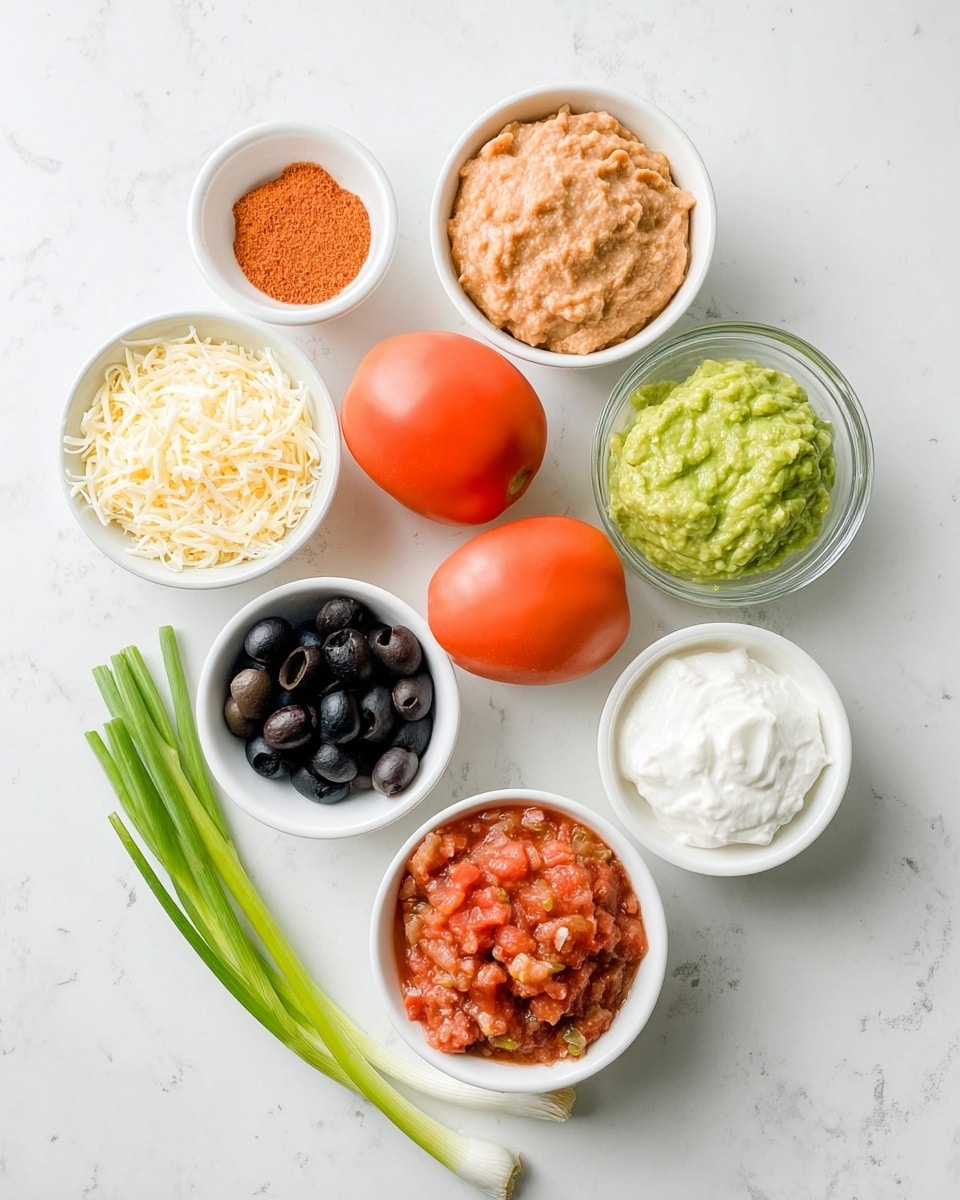 The image shows nine small white bowls and two whole Roma tomatoes arranged on a white marbled surface. Starting from the top center, there is a bowl filled with mashed beans in a light brown color. To its right is a clear bowl containing smooth, bright green guacamole. Below the guacamole is a small white bowl with black sliced olives. Next to the olives on the far right is a small white bowl with thick white sour cream, and beside that is a bowl with a similar white creamy texture. To the left of the sour cream are two whole reddish-orange Roma tomatoes. Above the tomatoes and centrally placed is a bowl filled with shredded cheese that has a mix of white and pale orange colors. To the left of the cheese is a small white bowl with a reddish-orange powder. Above that is a larger white bowl with chunky red salsa containing bits of tomato and onion. Two fresh green onions with white bases and green tops lie diagonally between the bowls on the left side. photo taken with an iphone --ar 4:5 --v 7