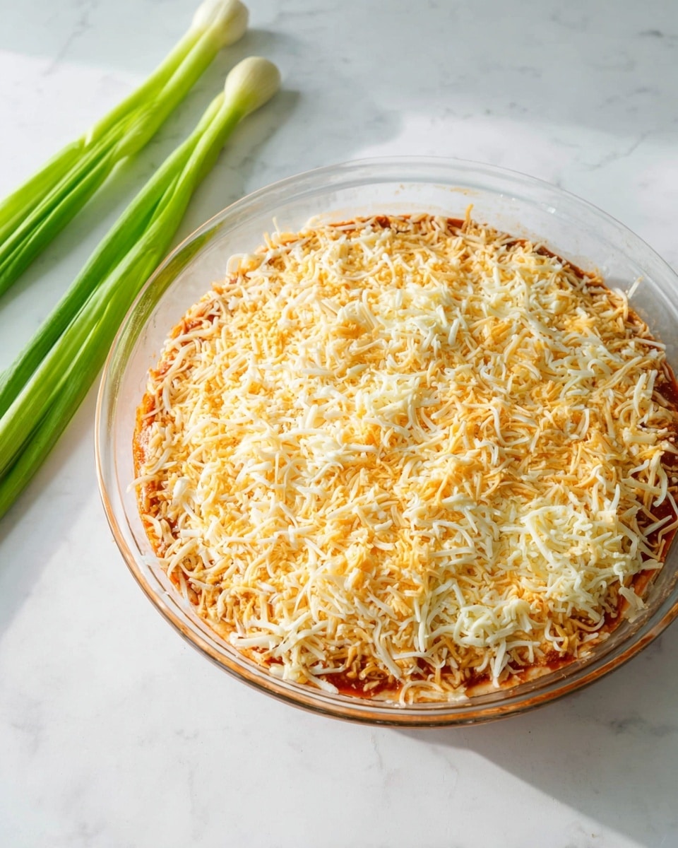 A clear glass round dish filled with a layered casserole sits on a white marbled surface. The bottom layer is a red sauce visible through the sides, topped with a thick, even layer of finely shredded cheese that is a mix of white and light orange colors, giving a soft, textured look covering the whole surface. To the left of the dish, three long, fresh green onions rest flat on the surface, adding a touch of bright green to the scene. The lighting is bright and natural, making the ingredients appear fresh and vibrant. Photo taken with an iphone --ar 4:5 --v 7