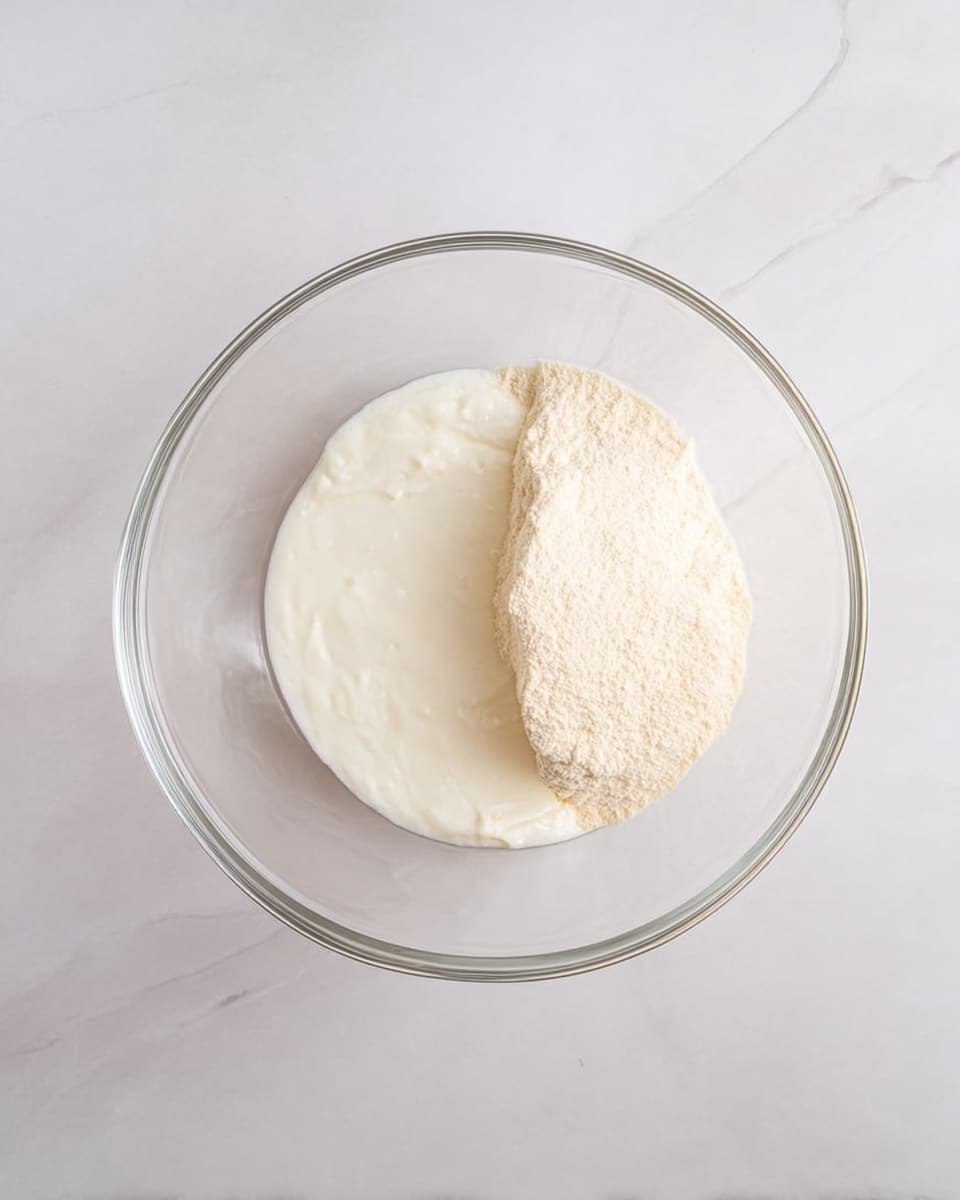 A clear glass bowl sits on a white marbled surface, containing two distinct layers inside. The bottom layer is a thick white creamy substance with a smooth texture, taking up about half of the bowl’s base. The top layer is a fine, pale beige powder, softly piled on one side of the creamy layer, covering almost half of it. The bowl shows the textures clearly with light reflecting gently off the glass and the smooth cream, creating a clean and simple look. Photo taken with an iphone --ar 4:5 --v 7
