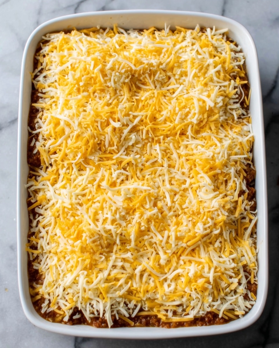 A large white rectangular dish is filled with a layered casserole. The bottom layer is a dense, dark brown base that looks like cooked ground meat or beans. On top of this is a thick, light yellow layer, possibly cheese or sauce. The top layer is a generous covering of shredded cheese in shades of yellow and white, spread evenly across the dish. The casserole fills the dish fully, with the cheese layer textured and fluffy, showing varied strands. The dish is set on a white marbled surface. photo taken with an iphone --ar 4:5 --v 7