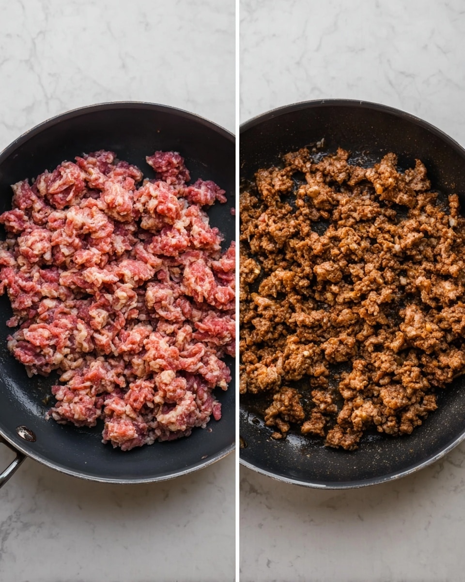 The image shows two side-by-side black pans on a white marbled surface. The left pan has raw ground meat in uneven clumps, with a mix of pink and red colors and a moist texture. The right pan contains cooked ground meat, broken into small pieces, with a browned, crumbly texture and a deeper brown color spread evenly across the pan bottom. Photo taken with an iphone --ar 4:5 --v 7