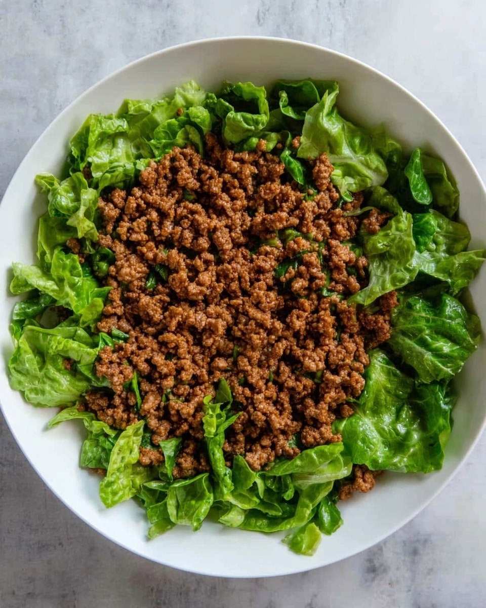 A white bowl holds a simple dish with two layers. The bottom layer is made of fresh green lettuce leaves, bright and crisp, spread evenly all over the bowl. On top, there is a layer of cooked brown ground meat, finely crumbled and covering the lettuce in the center, creating a hearty contrast in color and texture. The bowl sits on a clean white marbled surface. photo taken with an iphone --ar 4:5 --v 7