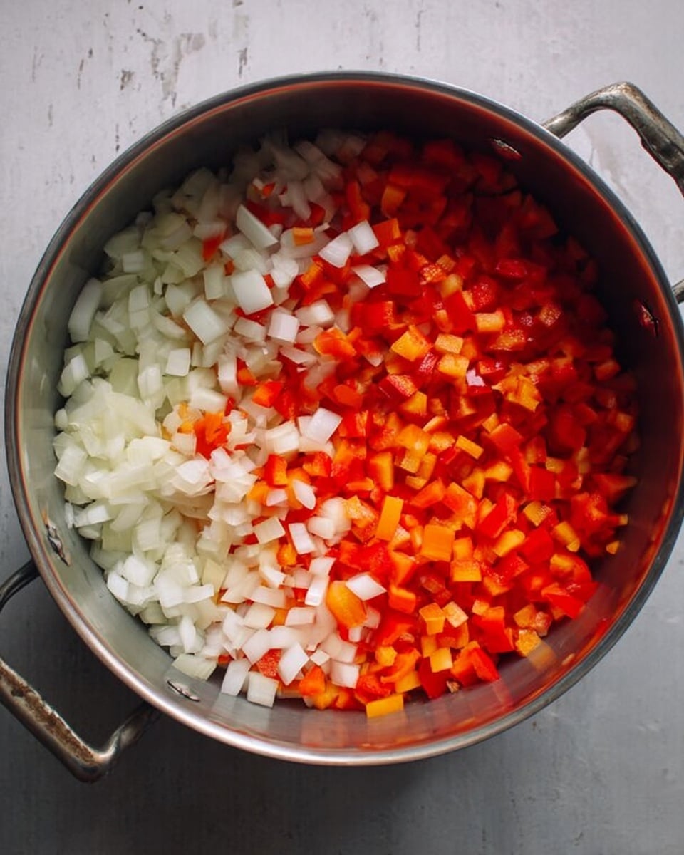 A top view of a metal pot filled with two sections of diced vegetables on a white marbled surface; one half holds small pieces of white onion while the other half shows bright red and orange chopped bell peppers, all finely diced and evenly spread side by side inside the pot. photo taken with an iphone --ar 4:5 --v 7
