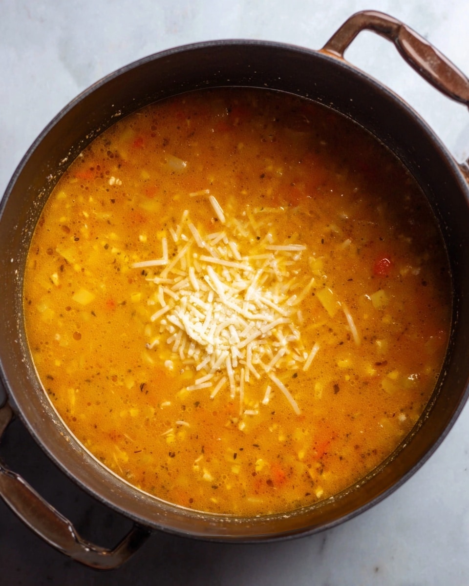 The image shows a deep black pot filled with a warm, orange-yellow soup. The soup has visible small pieces of ingredients floating, including some small chunks and a light sprinkling of thin, white shredded cheese in the middle. The soup looks smooth but with texture from the bits inside. The pot has two handles on the sides and is placed on a white marbled surface. Photo taken with an iphone --ar 4:5 --v 7