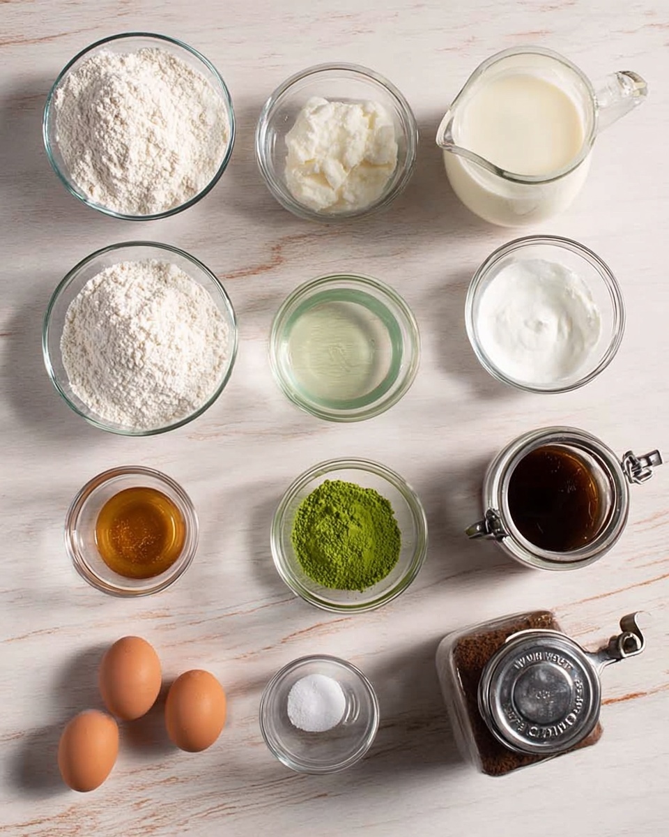 The image shows a clean white marbled surface with 11 clear glass containers of various sizes arranged on it. The top row has three bowls: one filled with white flour, a smaller one with milk, and a large measuring jug with fresh cream. In the middle row, there is a small bowl of clear liquid, a larger bowl filled with white sugar, a small bowl containing green matcha powder, and a glass jar filled with dark brown espresso powder with a metal lid and a handle. The bottom row has four small bowls holding two brown eggs, white baking powder, brown vanilla extract, white salt, and white cornstarch. One container has a small splash of liquid visible on the rim. The scene is lit with soft natural light, showing textures clearly. Photo taken with an iphone --ar 4:5 --v 7