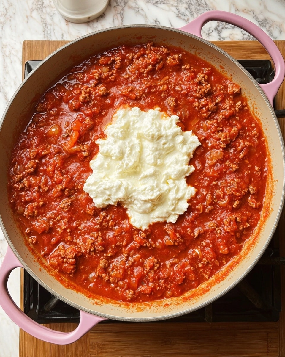 A top-down view of a large light gray pan with pink handles, filled with thick red tomato sauce mixed with ground meat and small bits of onion. In the center lies a dollop of soft, white cheese with a creamy texture resting on top of the sauce. The pan is placed on a black stove, with a wooden cutting board and a white marbled surface visible around. Photo taken with an iphone --ar 4:5 --v 7