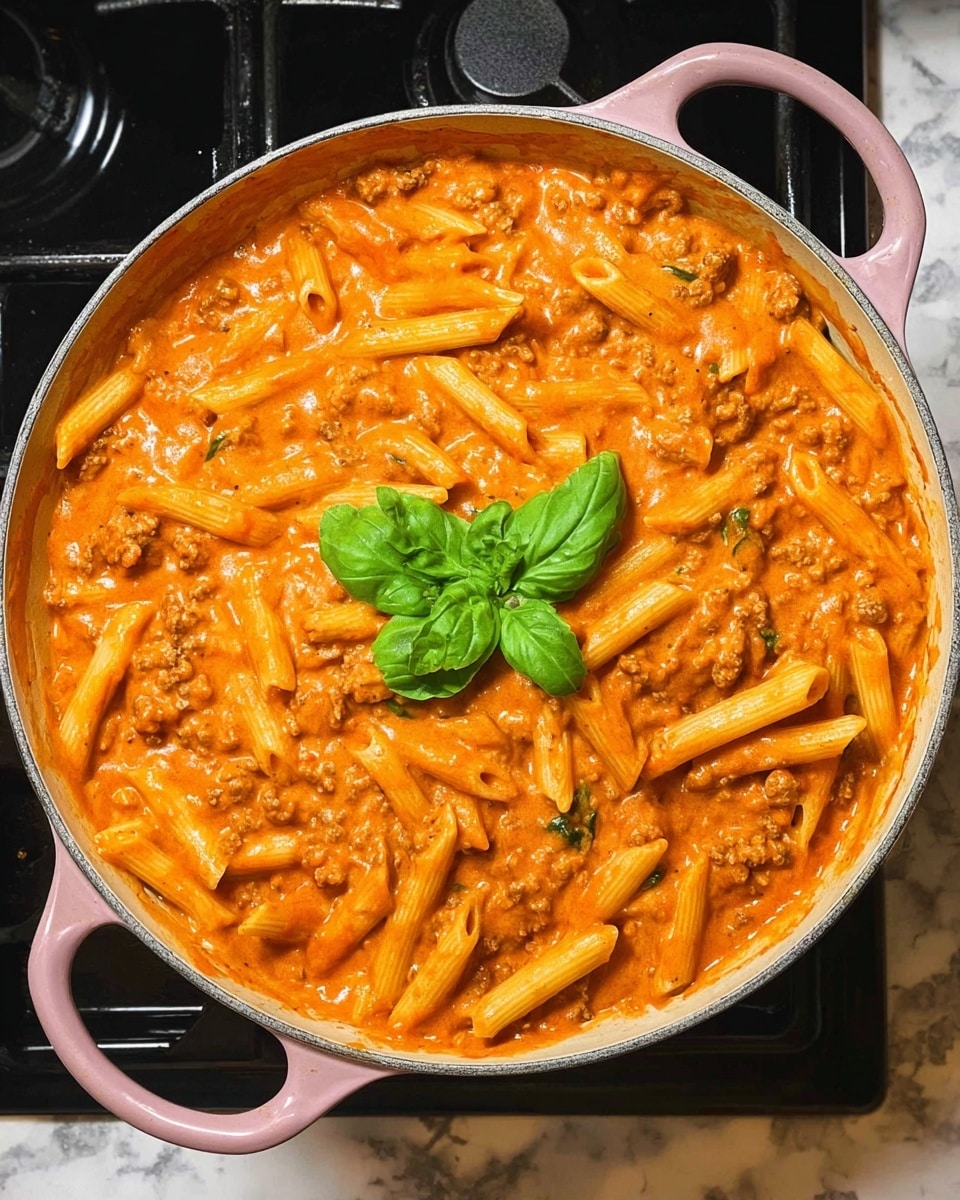 A top view of a large light gray skillet with two pink handles filled with creamy tomato pasta. The pasta is penne, covered well with a thick, smooth orange-red sauce with bits of ground meat and small green vegetable pieces mixed in. Fresh green basil leaves are placed in the center on top of the pasta. The skillet is placed on a black stove surface with a white marbled texture visible in the background. photo taken with an iphone --ar 4:5 --v 7