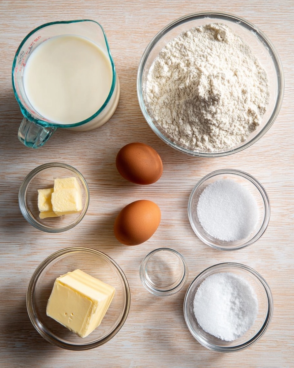 The image shows eight ingredients laid out on a light wooden surface with a white marbled texture background. From left to right, there is a large transparent glass measuring cup filled with milk, positioned near the top left corner. Next to it are two brown eggs placed side by side. Above and a bit to the right is a transparent glass bowl filled with white all-purpose flour. Below the eggs, there is a small transparent glass bowl containing a small block of yellow butter. To the right of the butter is a smaller empty glass bowl, and next to it on the right are two more small glass bowls—one filled with white granulated sugar and the other with white salt. Everything is neatly arranged and clearly visible, with soft, natural lighting highlighting the textures of each ingredient. Photo taken with an iphone --ar 4:5 --v 7