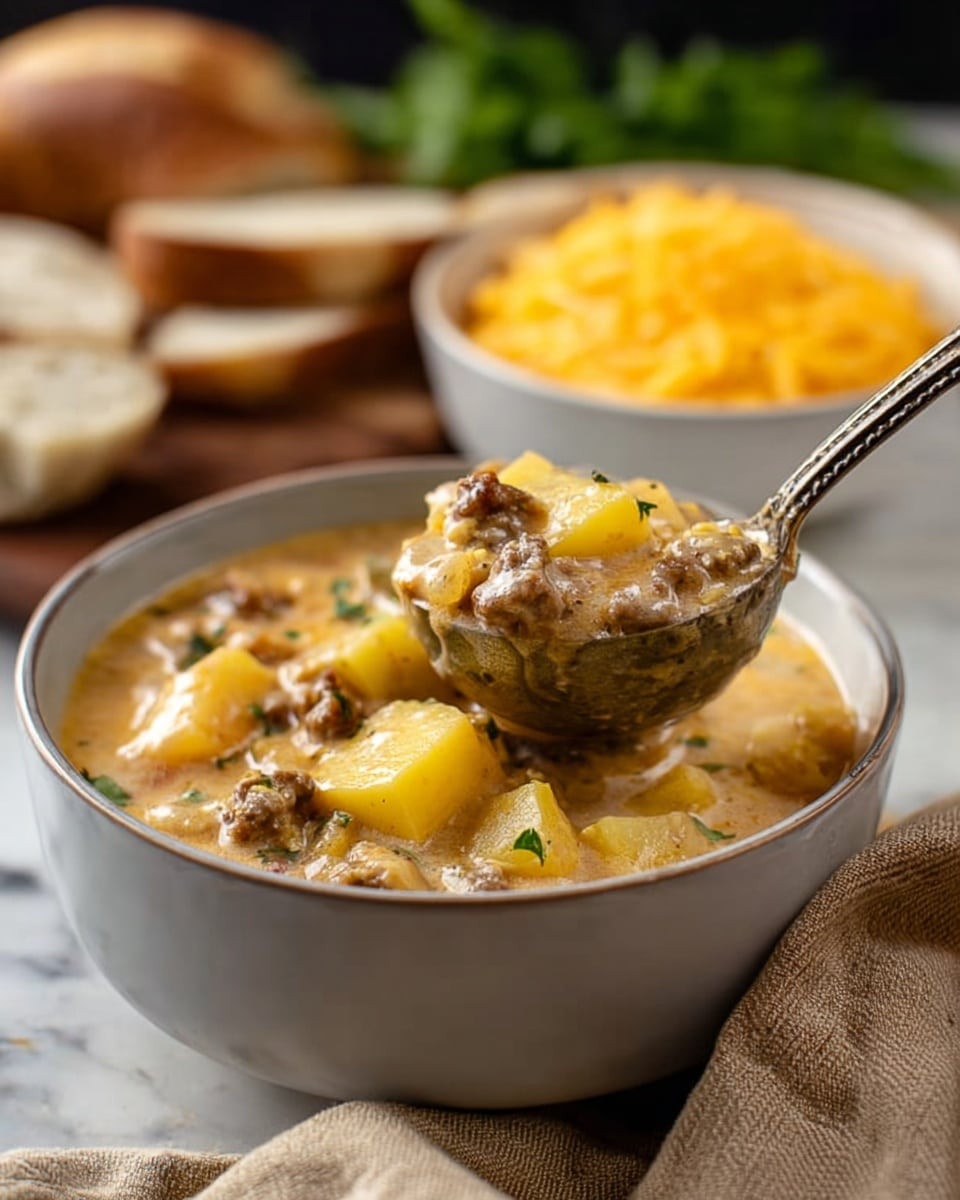 A thick creamy stew with visible chunks of yellow potatoes and small pieces of browned meat sits in a white bowl, with a metal ladle lifting a spoonful full of the hearty mixture, showing the stew’s rich texture and soft ingredients. In the blurred background, another white bowl filled with yellow shredded cheese is visible, resting on a white marbled surface along with slices of bread and some green herbs. A beige cloth is placed to the side, adding a cozy touch to the scene, photo taken with an iphone --ar 4:5 --v 7