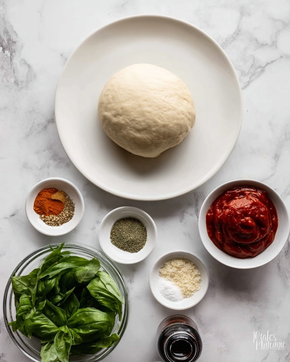 A white plate with a ball of smooth, light beige dough sits on a white marbled surface. Below it, there are four small white dishes arranged loosely: one with a mix of various powders and herbs in brown, green, white, and orange colors; another holding dark red tomato paste; a clear glass bowl filled with fresh green basil leaves; and a small dark bottle placed to the right of the bowls. The scene is bright and clean with a simple kitchen feel. Photo taken with an iphone --ar 4:5 --v 7