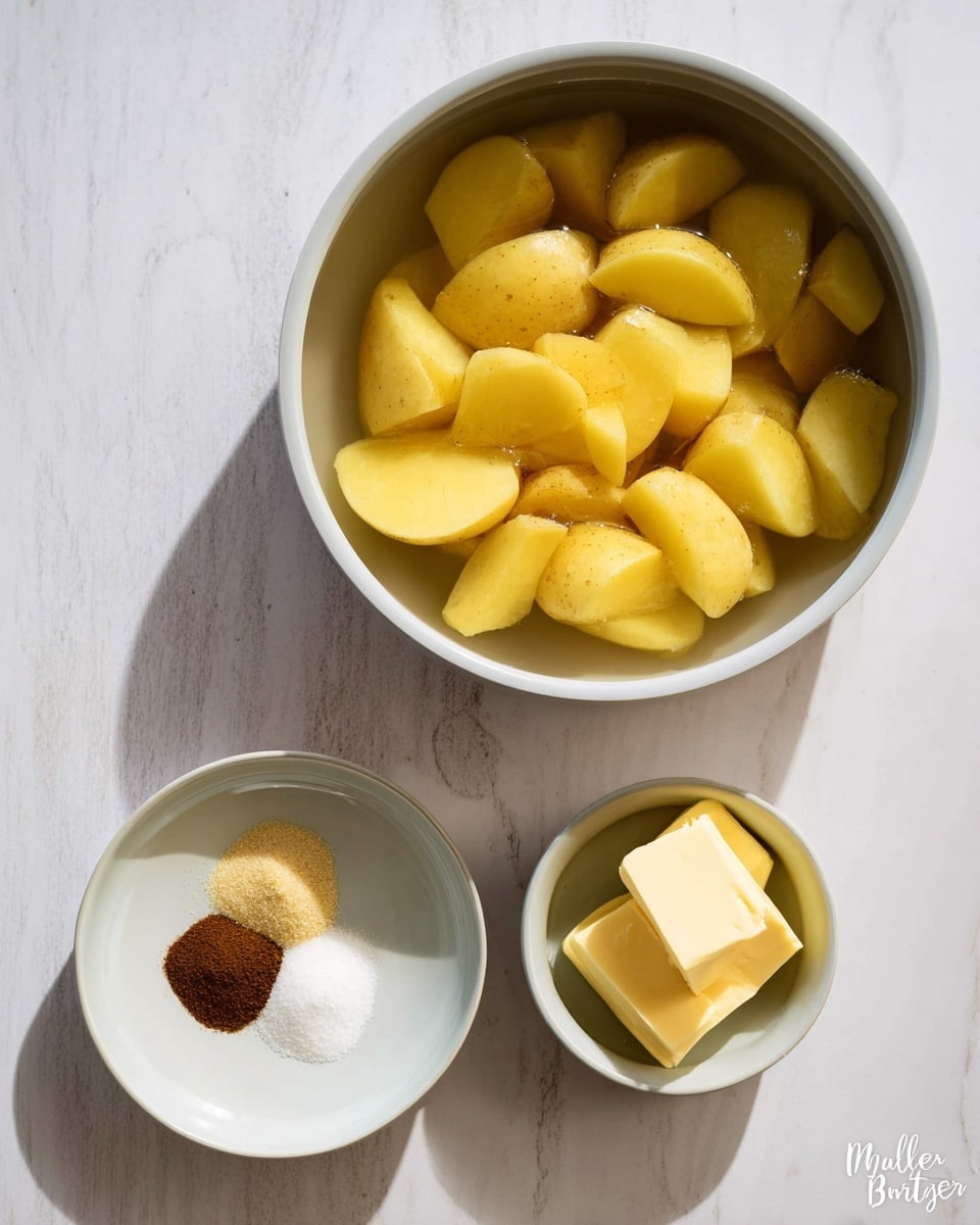 The image shows three white dishes placed on a white marbled surface. The largest dish is a bowl filled with pieces of peeled yellow potatoes submerged in water. Above it, to the left, there is a smaller white bowl containing three small piles of spices and salt arranged in a triangular shape: a dark brown spice, a pale yellow powder, and white granules. To the right, another small white bowl holds two blocks of yellow butter. The lighting is bright and natural, and the items are arranged neatly in a flat lay style. Photo taken with an iphone --ar 4:5 --v 7