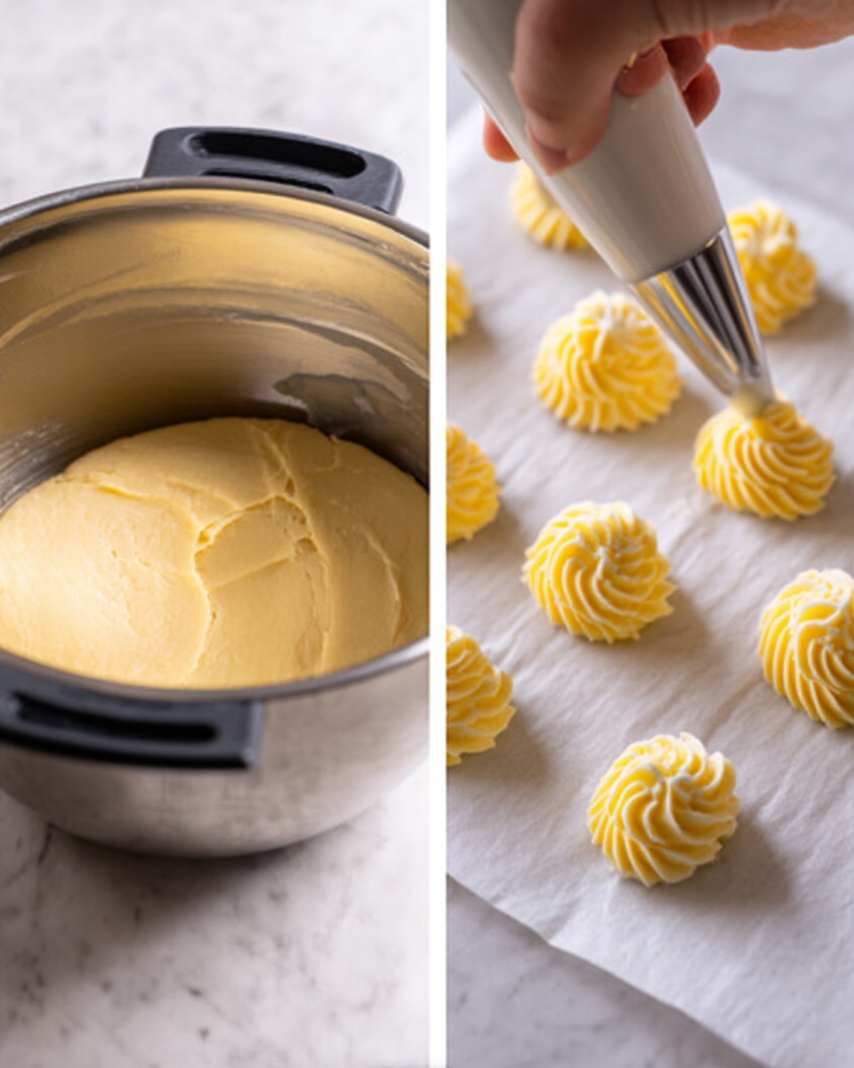 The image shows two scenes side by side; on the left is a shiny metal bowl filled with smooth, pale yellow dough with a soft texture, sitting on a white marbled surface with a black spatula sticking out from the edge of the bowl. On the right, there is a close-up of a woman's hand holding a piping bag with a star-shaped nozzle, squeezing out small, swirled dollops of the same pale yellow dough onto white parchment paper, which is laid on a white marbled surface. photo taken with an iphone --ar 4:5 --v 7