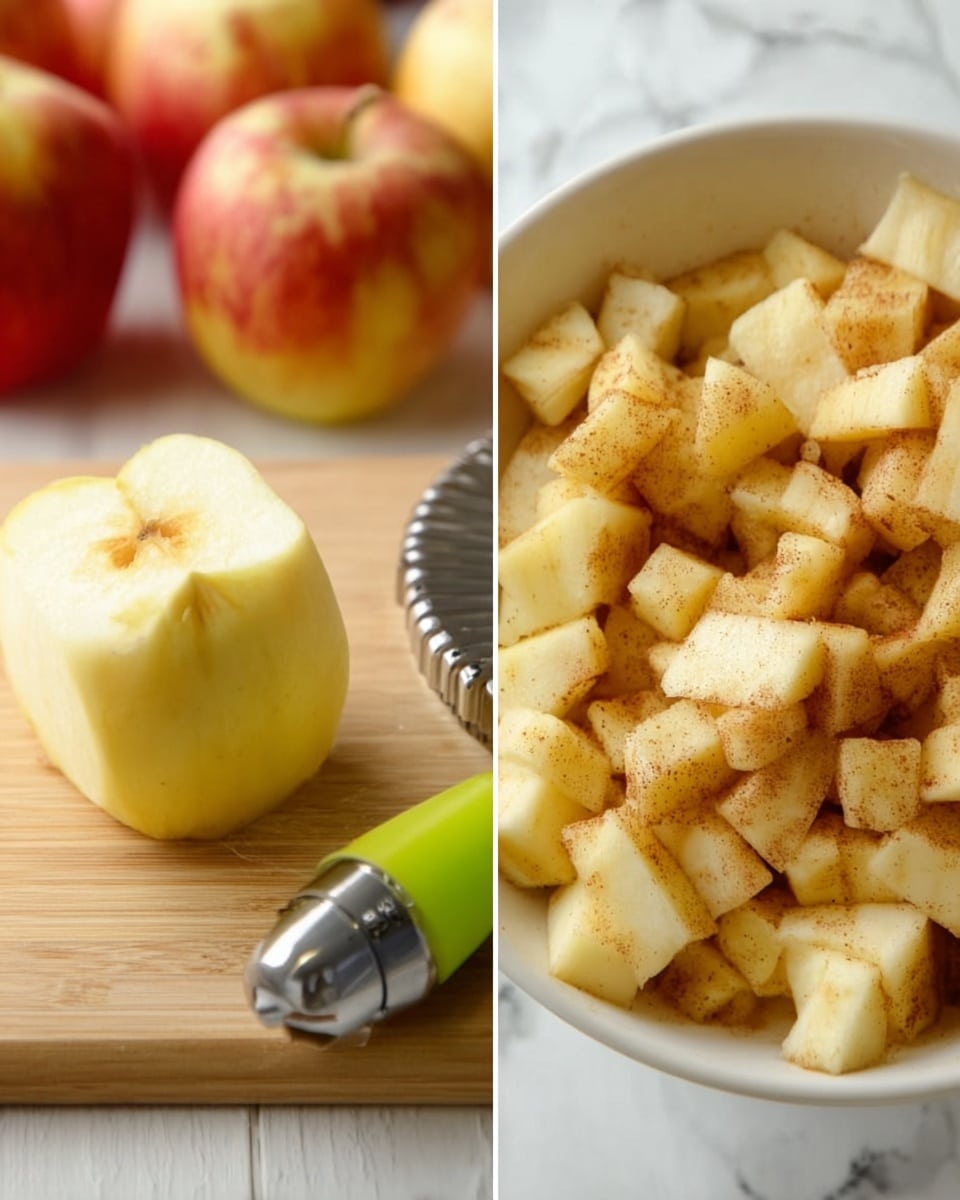 The image shows two side-by-side close-up views. On the left, a peeled apple with a smooth, light yellow surface sits on a light wooden cutting board alongside a silver apple corer and a green apple peeler. In the background, whole red and yellow apples are softly out of focus. On the right side, chopped apple pieces coated with cinnamon and sugar sit inside a white bowl, showing different small, light yellow cubes with brown specks evenly spread. The background on both sides is a white marbled texture. Photo taken with an iphone --ar 4:5 --v 7