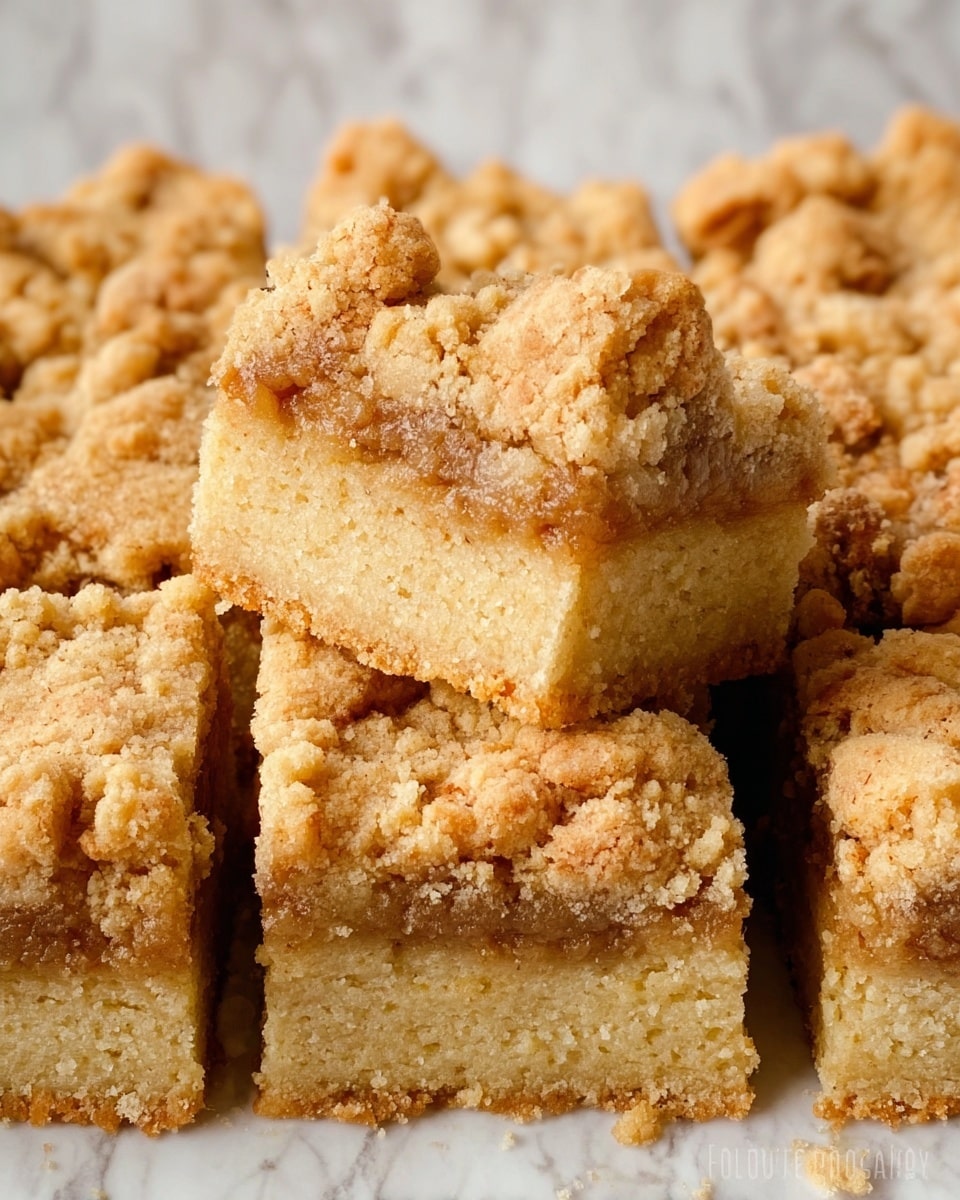 The image shows several square pieces of crumb cake closely packed together with a crumb topping. Each piece has two visible layers: a thick, dense, light beige cake layer at the bottom and a crumbly, textured golden brown topping with larger crumbs on top. One piece is lifted slightly above the others, showing the soft and moist inside of the cake. The background is a white marbled texture. photo taken with an iphone --ar 4:5 --v 7
