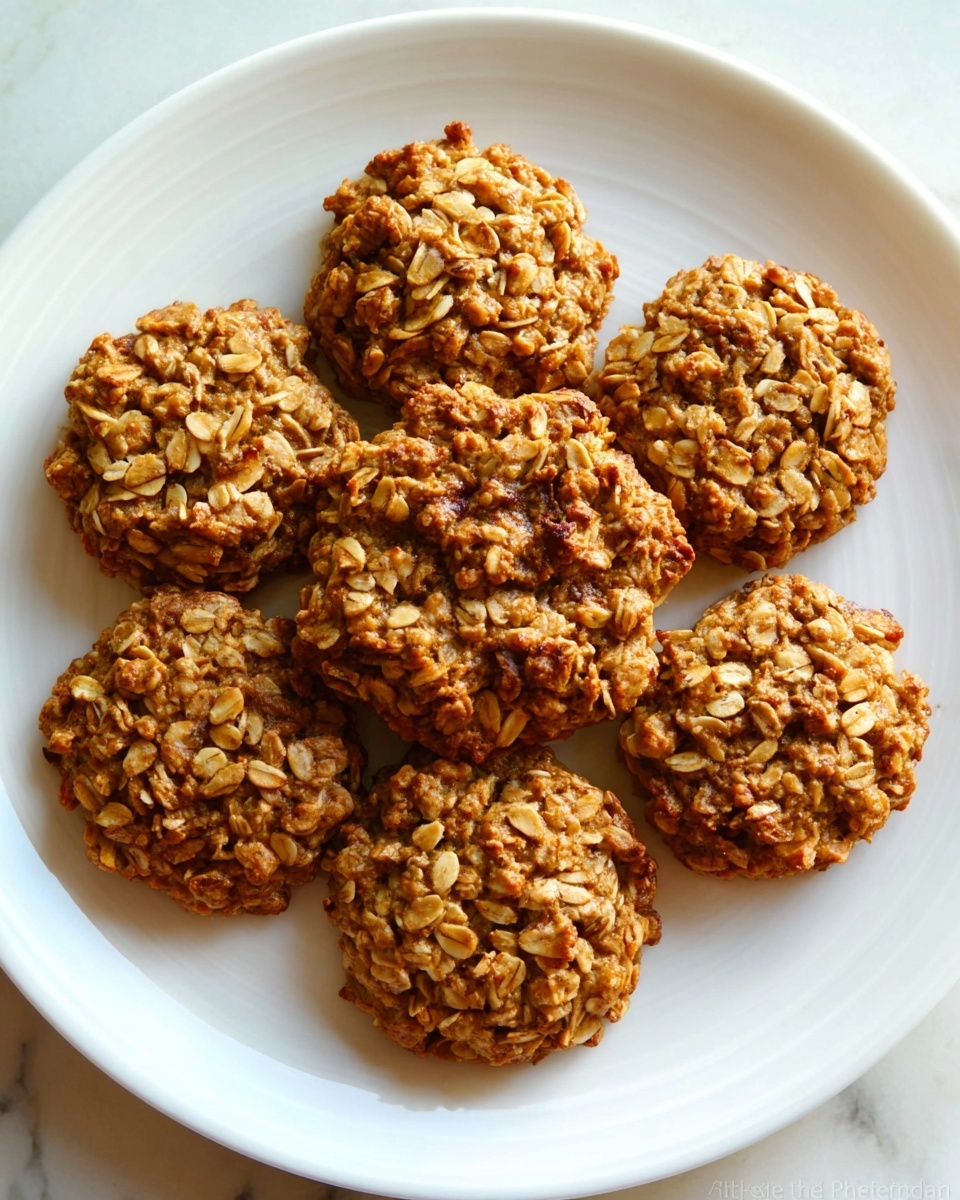 The image shows a white plate with seven round oatmeal cookies arranged in a flower shape. Each cookie has a rough, chunky texture with visible oat flakes and small bits of darker brown mixed inside, giving a natural homemade look. The cookies are golden brown, suggesting they are baked, with uneven edges and a slightly crisp surface. The plate sits on a white marbled surface. Photo taken with an iphone --ar 4:5 --v 7