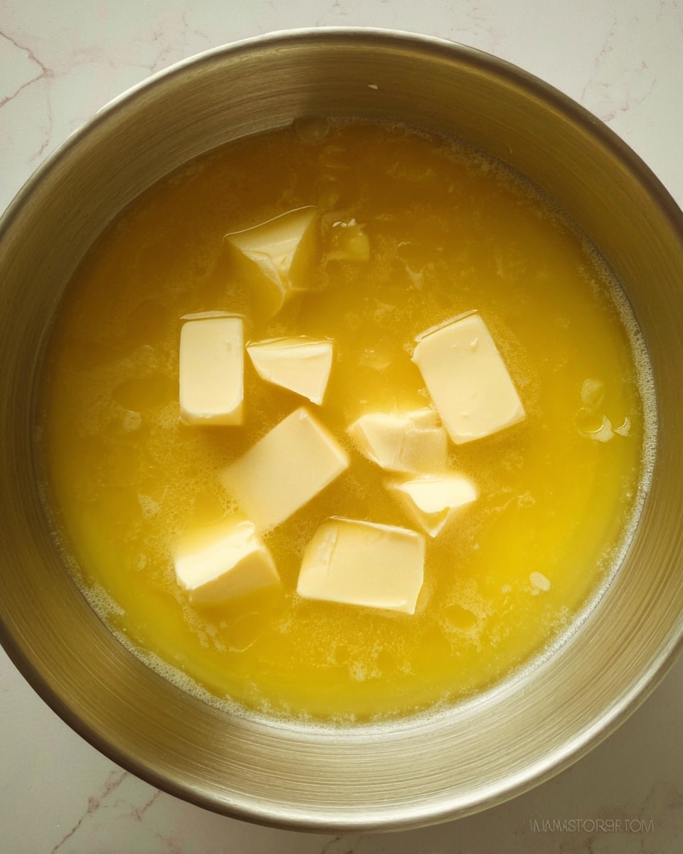 The image shows a metal bowl filled with a melted yellow liquid, likely butter, with several solid pale yellow chunks floating on the surface. The chunks have a soft, smooth texture and are unevenly shaped, scattered randomly across the liquid. The light reflects softly on the shiny metal bowl, which contains the liquid and chunks inside. The background surface is white with a marbled texture. photo taken with an iphone --ar 4:5 --v 7