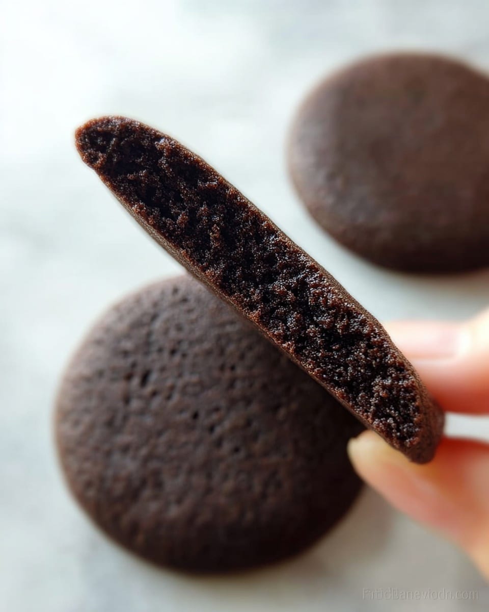 A close-up of a dark brown, almost black, cookie held by a woman's hand showing a side view of its thin, dense texture with tiny air bubbles inside. Below the cookie is a whole cookie of the same color and texture resting on a white marbled surface, slightly out of focus. The cookie looks soft but firm and has a smooth top surface. Photo taken with an iphone --ar 4:5 --v 7