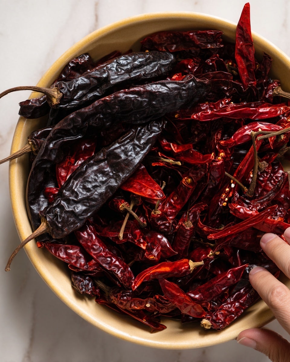 A white bowl filled with dark dried chilies and long red dried chilies. There are three large dark chilies on top, surrounded by many smaller bright red dried chilies with stems. A woman's hand is touching the red chilies on the right side of the bowl. The bowl sits on a white marbled surface. The image shows a mix of rough and smooth textures within the chilies, with deep red and black colors dominating. Photo taken with an iphone --ar 4:5 --v 7